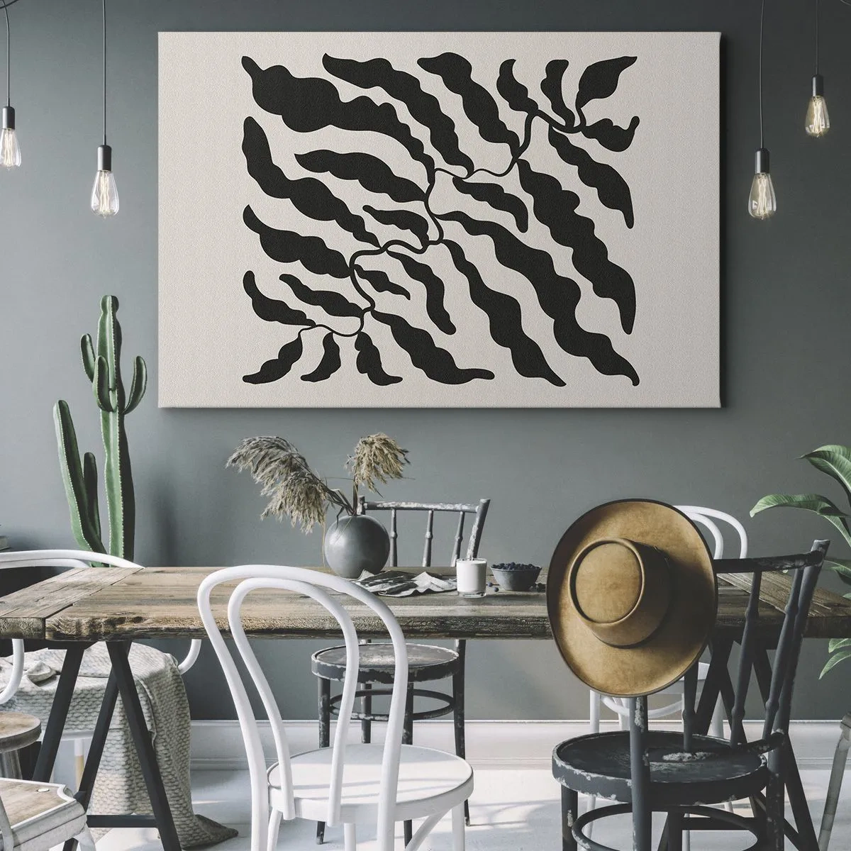 Bild auf Leinwand - Leinwandbild - Zweige mit Blättern in Schwarz auf hellem Hintergrund - 70x50cm - Natur des Quadrats - Moderne Wanddekoration für Wohnzimmer und Schlafzimmer ARTTOR