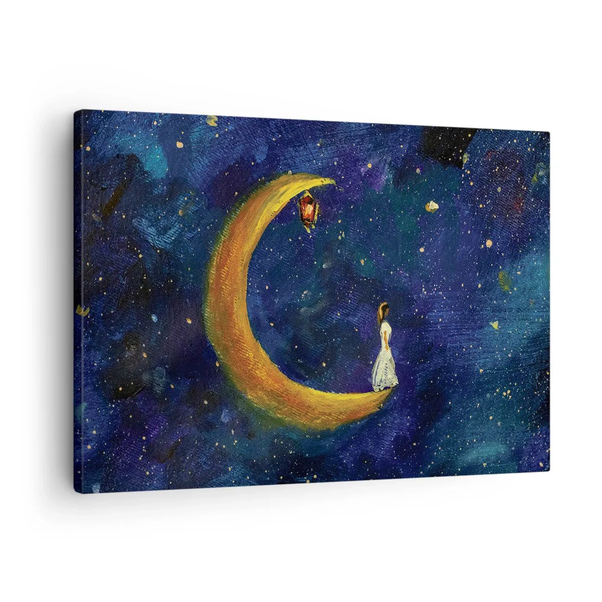 Bild auf Leinwand - Leinwandbild - Ein Mädchen steht auf dem Mond in einem Sternenhimmel - 70x50cm - Der Ruf der Welt - Moderne Wanddekoration für Wohnzimmer und Schlafzimmer ARTTOR