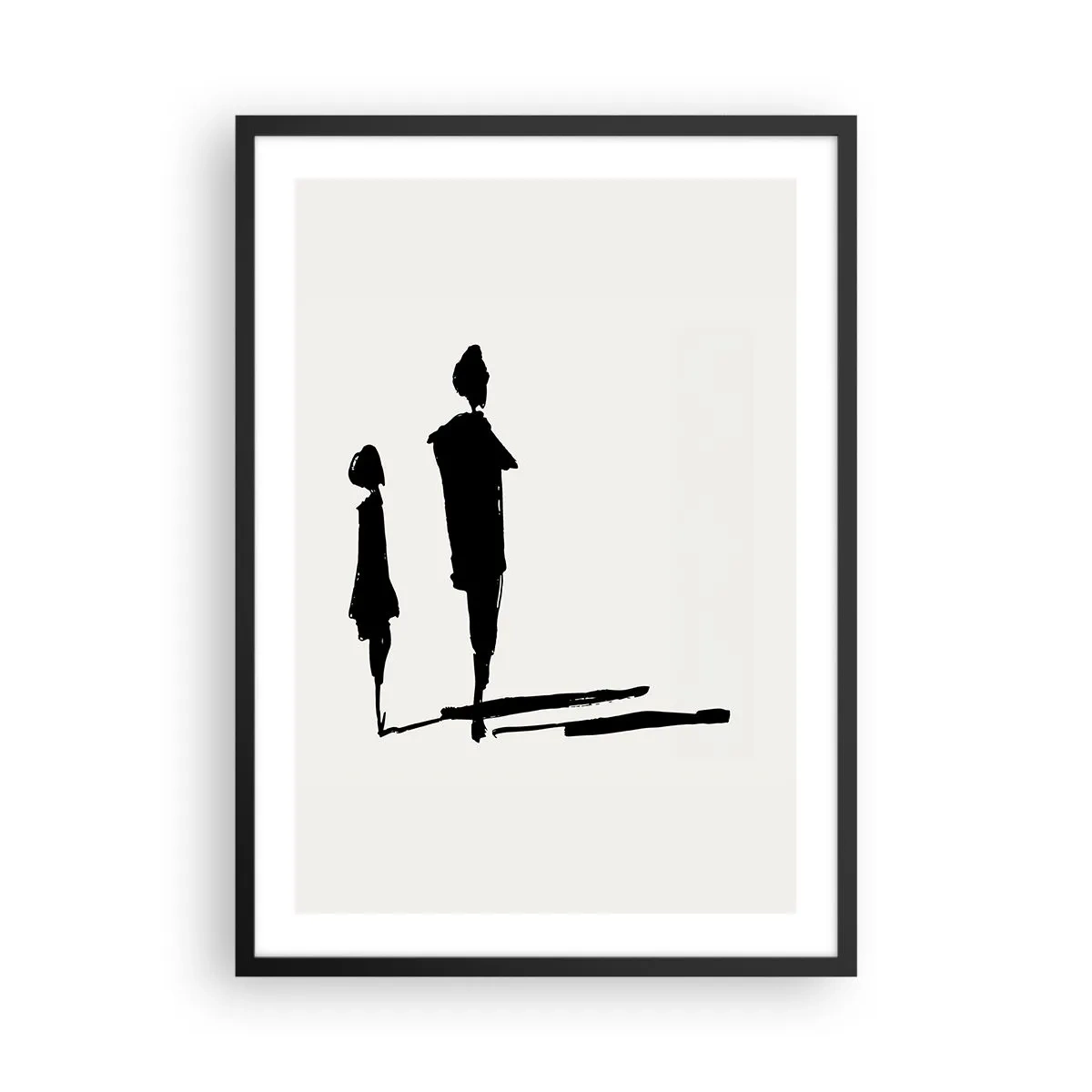 Poster in einem schwarzem Rahmen - Silhouetten zweier Figuren in Schwarz auf hellem Hintergrund - 50x70cm - Mit Sicherheit zusammen? - Moderne Wanddekoration für Wohnzimmer und Schlafzimmer ARTTOR