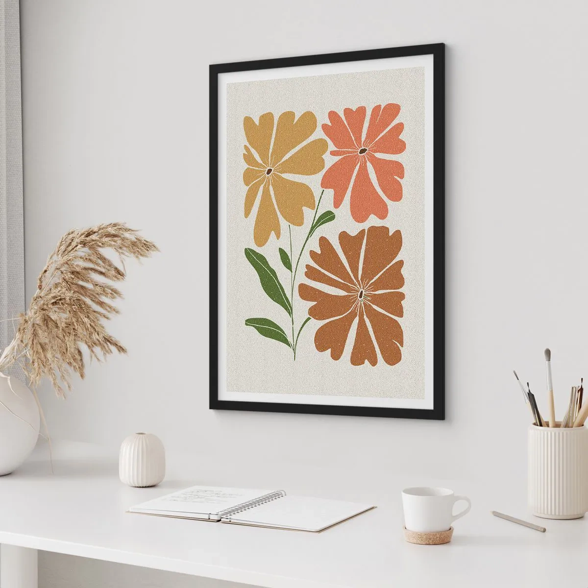 Poster in einem schwarzem Rahmen - Minimalistische Blumen in warmen Farbtönen - 50x70cm - Natur und Geometrie - Moderne Wanddekoration für Wohnzimmer und Schlafzimmer ARTTOR