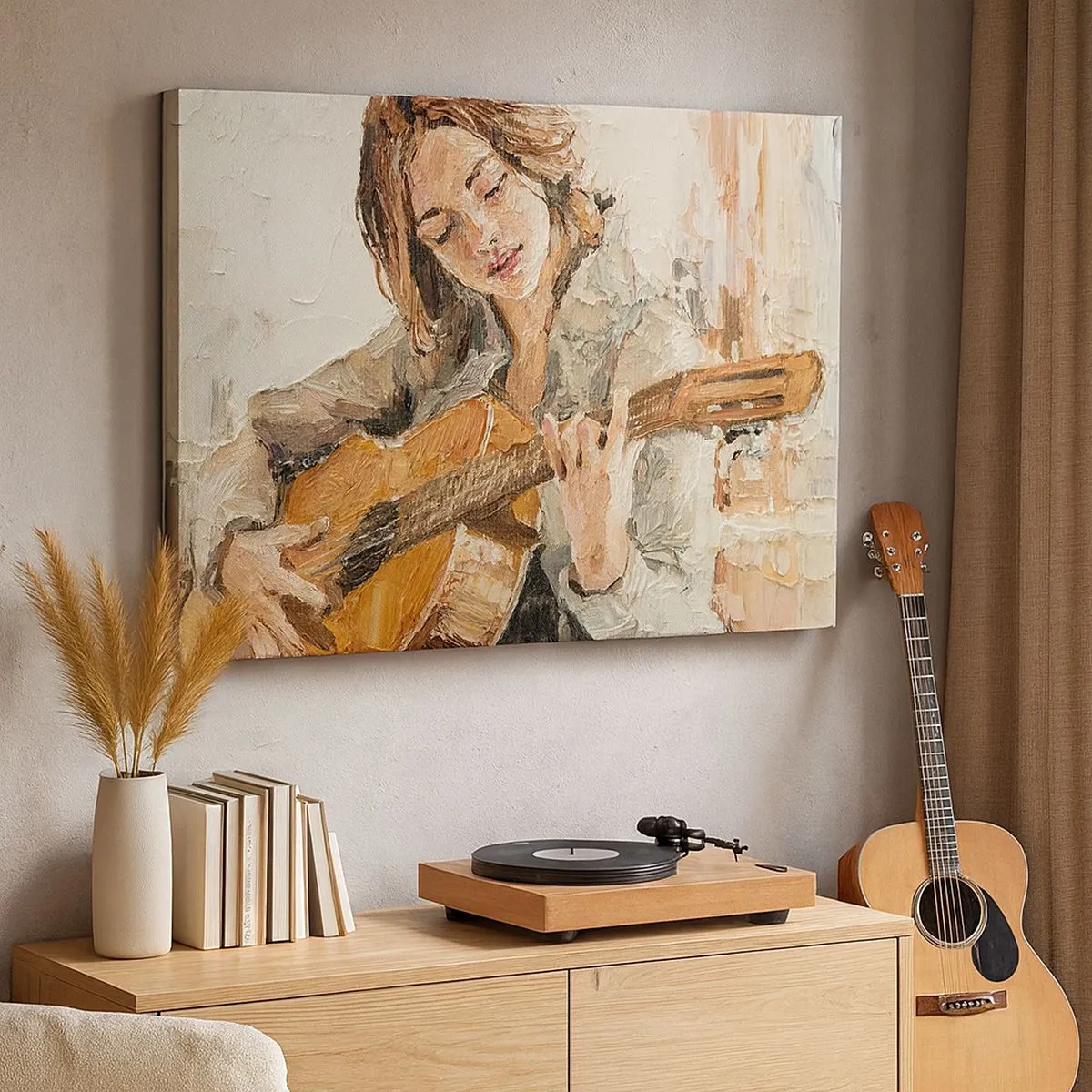 Bild auf Leinwand - Leinwandbild - Porträt eines Gitarre spielenden Mädchens in malerischem Stil mit warmen Farben. - 70x50cm - Konzert für Gitarre und Mädchenherz - Moderne Wanddekoration für Wohnzimmer und Schlafzimmer ARTTOR