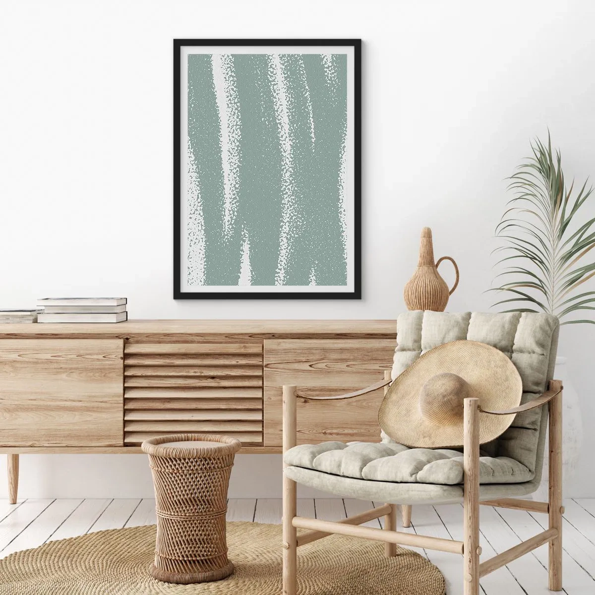 Poster in einem schwarzem Rahmen - Eine minimalistische Komposition in Grün- und Weißtönen - 50x70cm - Abstraktion im Winterklima - Moderne Wanddekoration für Wohnzimmer und Schlafzimmer ARTTOR