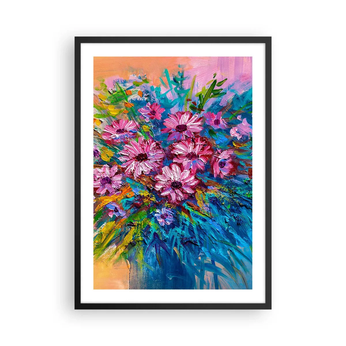 Poster in einem schwarzem Rahmen - Ein Strauß intensiv gefärbter Blumen auf abstraktem Hintergrund - 50x70cm - Lebensenergie - Moderne Wanddekoration für Wohnzimmer und Schlafzimmer ARTTOR