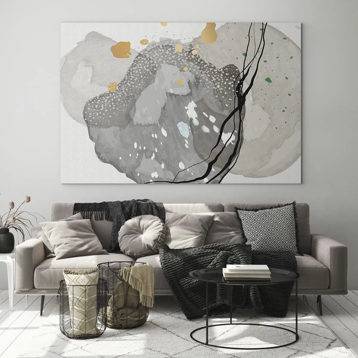 Glasbild - Bild auf glas - Organische Formen und Punkte in gedeckten Farben mit Details - 70x50cm - Organische Komposition - Moderne Wanddekoration für Wohnzimmer und Schlafzimmer ARTTOR