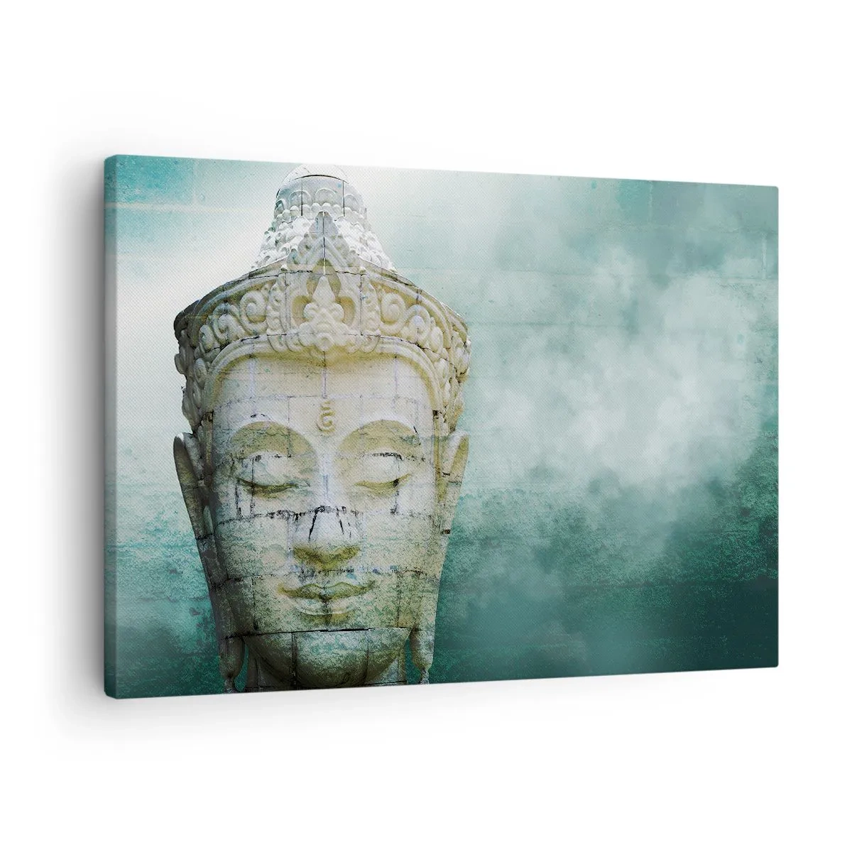 Bild auf Leinwand - Leinwandbild - Buddha-Statue mit sanftem Nebel vor grünem Hintergrund - 70x50cm - Auf der Suche nach dem Licht - Moderne Wanddekoration für Wohnzimmer und Schlafzimmer ARTTOR
