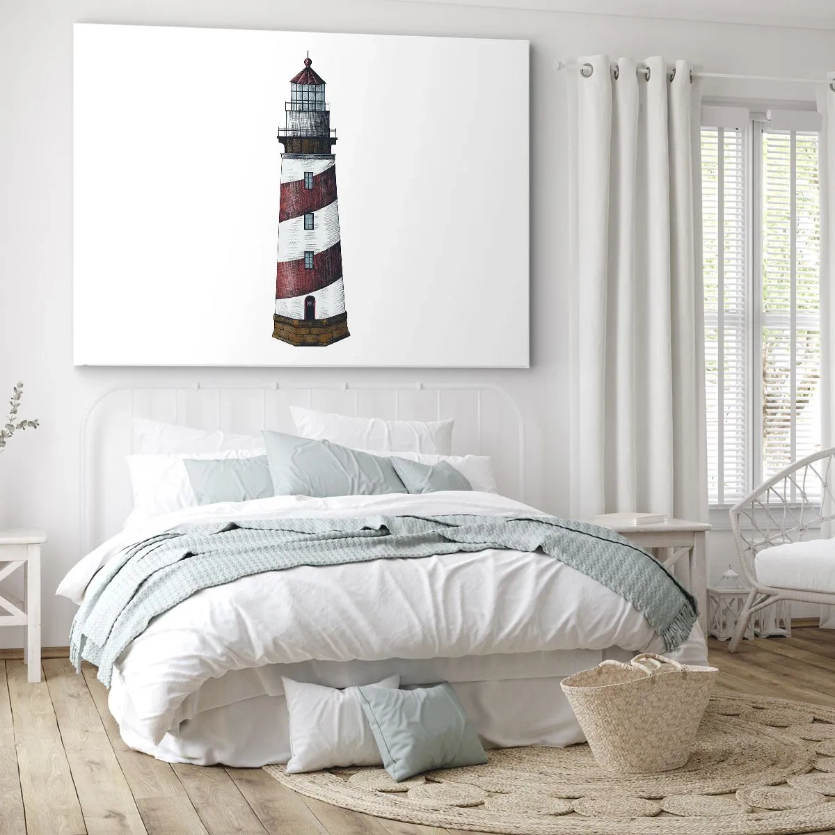 Bild auf Leinwand - Leinwandbild - Ein Cartoonbild eines Leuchtturms mit roten und weißen Streifen auf minimalistischem Hintergrund. - 70x50cm - Immer auf der Hut - Moderne Wanddekoration für Wohnzimmer und Schlafzimmer ARTTOR