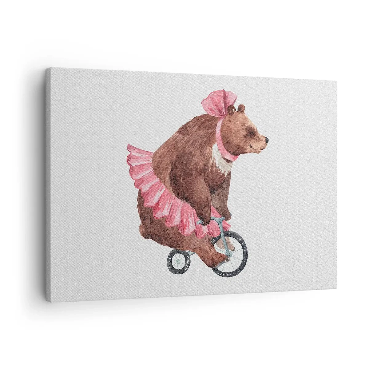 Bild auf Leinwand - Leinwandbild - Ein Teddybär im rosa Rock auf einem Fahrrad im Retro-Stil - 70x50cm - Was für ein Affentheater! - Moderne Wanddekoration für Wohnzimmer und Schlafzimmer ARTTOR