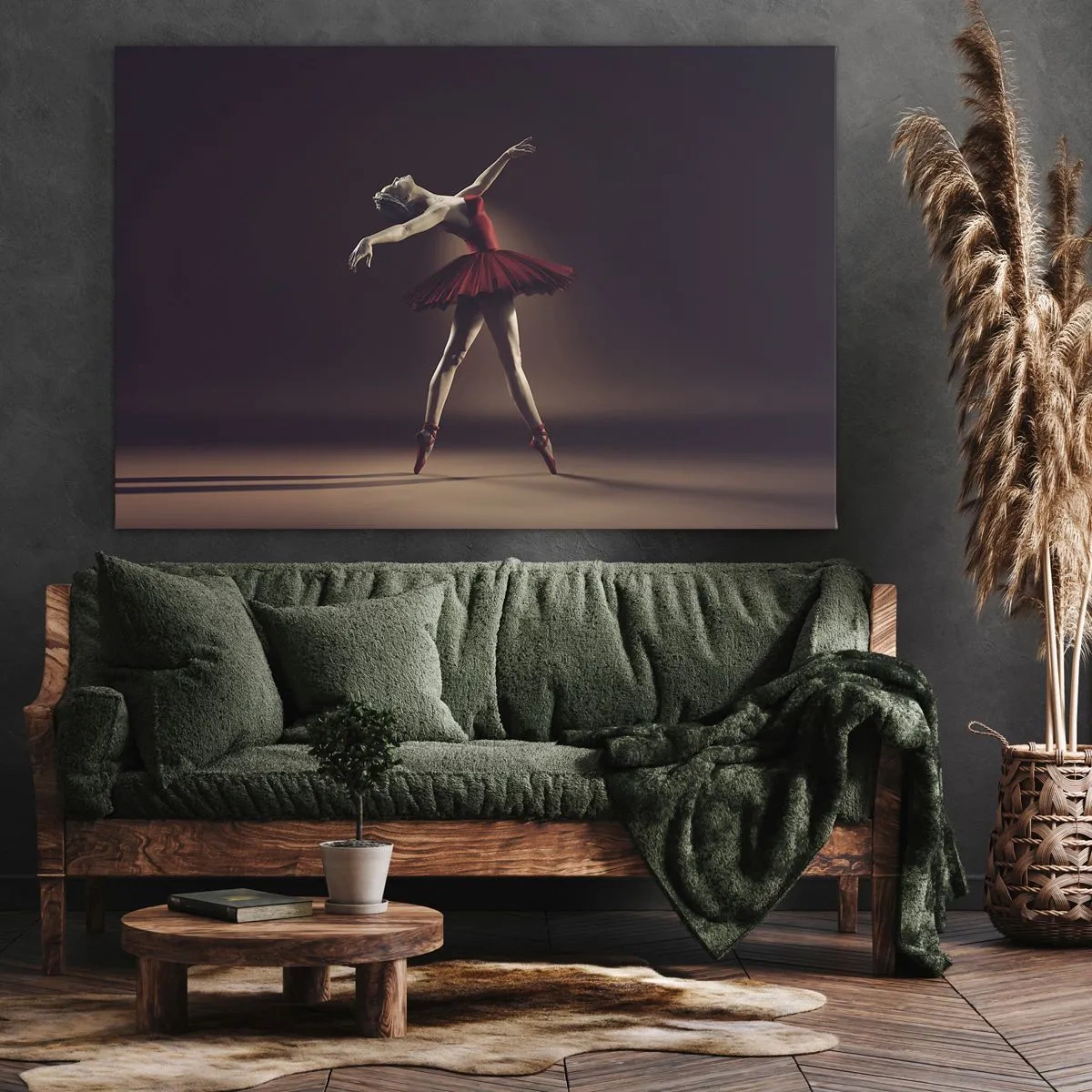 Bild auf Leinwand - Leinwandbild - Eine Balletttänzerin in einem roten Kleid vor dem Hintergrund einer Bühne - 70x50cm - Eine Primaballerina - Moderne Wanddekoration für Wohnzimmer und Schlafzimmer ARTTOR