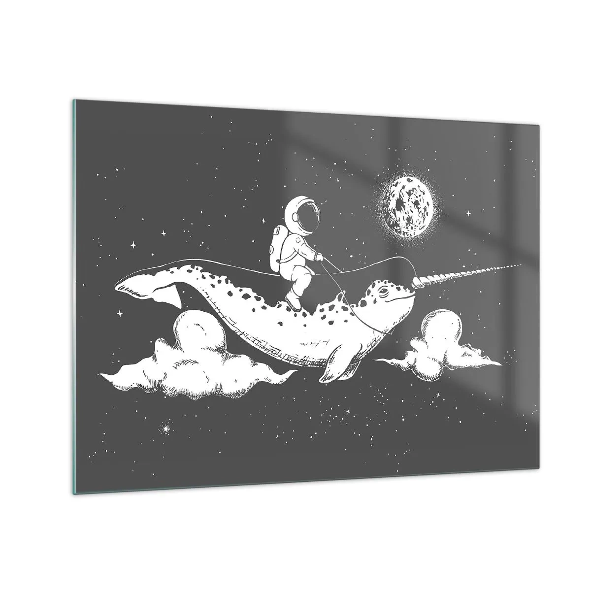 Glasbild - Bild auf glas - Astronaut reitet auf einem Narwal in einer Weltraumkulisse - 70x50cm - Weltraumreiter - Moderne Wanddekoration für Wohnzimmer und Schlafzimmer ARTTOR