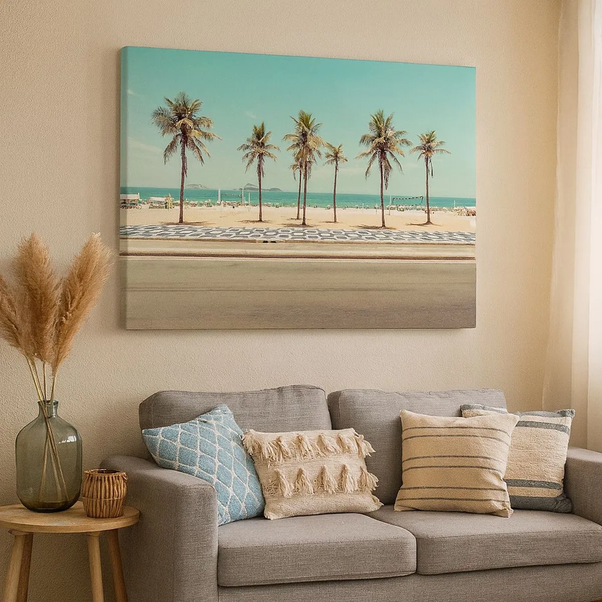 Bild auf Leinwand - Leinwandbild - Palmen am Strand mit Blick auf das Meer und den blauen Himmel - 70x50cm - Beim Bewachen des Strandes - Moderne Wanddekoration für Wohnzimmer und Schlafzimmer ARTTOR