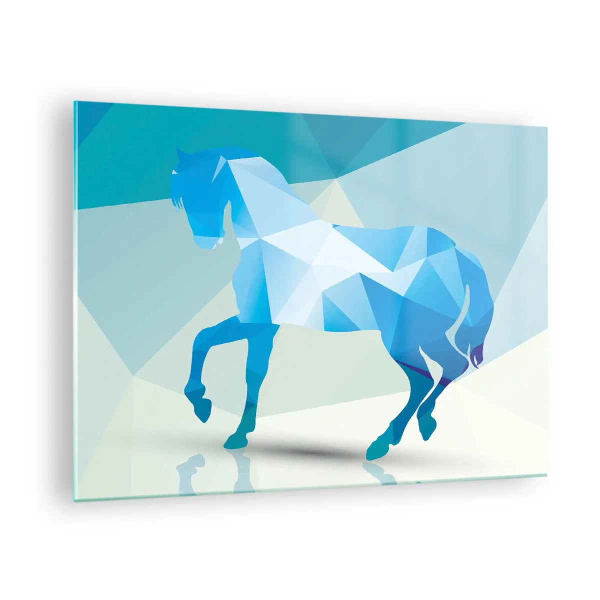 Glasbild - Bild auf glas - Geometrisches Pferd in Blau- und Weißtönen - 70x50cm - Geometrisches Pferd in Türkis - Moderne Wanddekoration für Wohnzimmer und Schlafzimmer ARTTOR