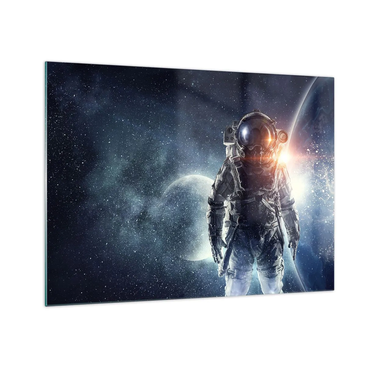 Glasbild - Bild auf glas - Astronaut vor dem Hintergrund von Planeten und Sternen - 70x50cm - Weltraumabenteuer - Moderne Wanddekoration für Wohnzimmer und Schlafzimmer ARTTOR