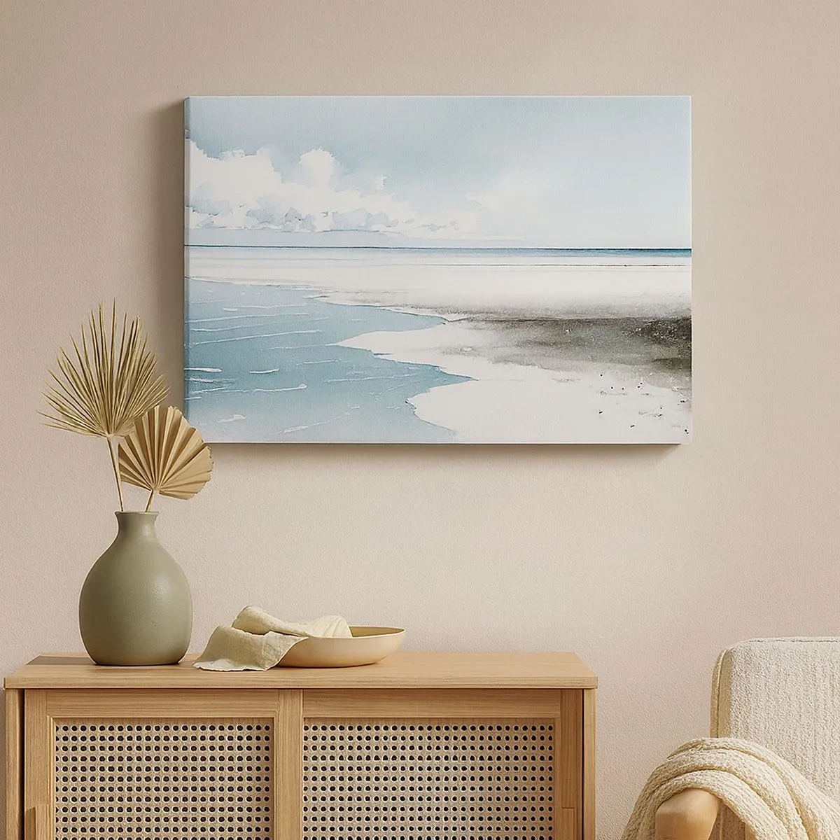 Bild auf Leinwand - Leinwandbild - Ruhiges Meer und Strand in hellen Blautönen - 70x50cm - Sanfte Flut - Moderne Wanddekoration für Wohnzimmer und Schlafzimmer ARTTOR