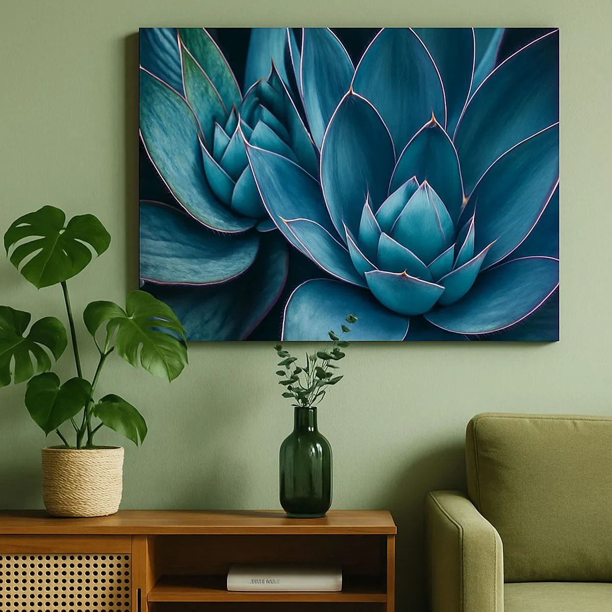Bild auf Leinwand - Leinwandbild - Agave in Blau- und Grüntönen mit rosa Akzenten - 70x50cm - Lebenskraft - Moderne Wanddekoration für Wohnzimmer und Schlafzimmer ARTTOR