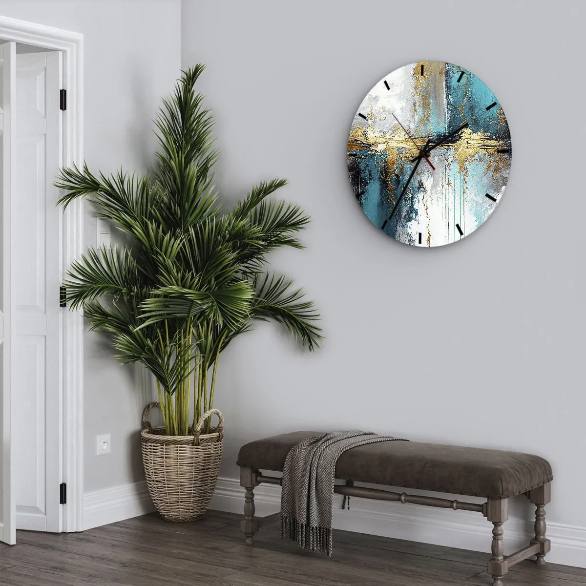 Wanduhr - Glasuhr - Abstrakte Pinselstriche in Türkis, Weiß und Gold - 30x30cm - Alles fließt - Moderne Wanddekoration für Wohnzimmer, Küche und Schlafzimmer ARTTOR