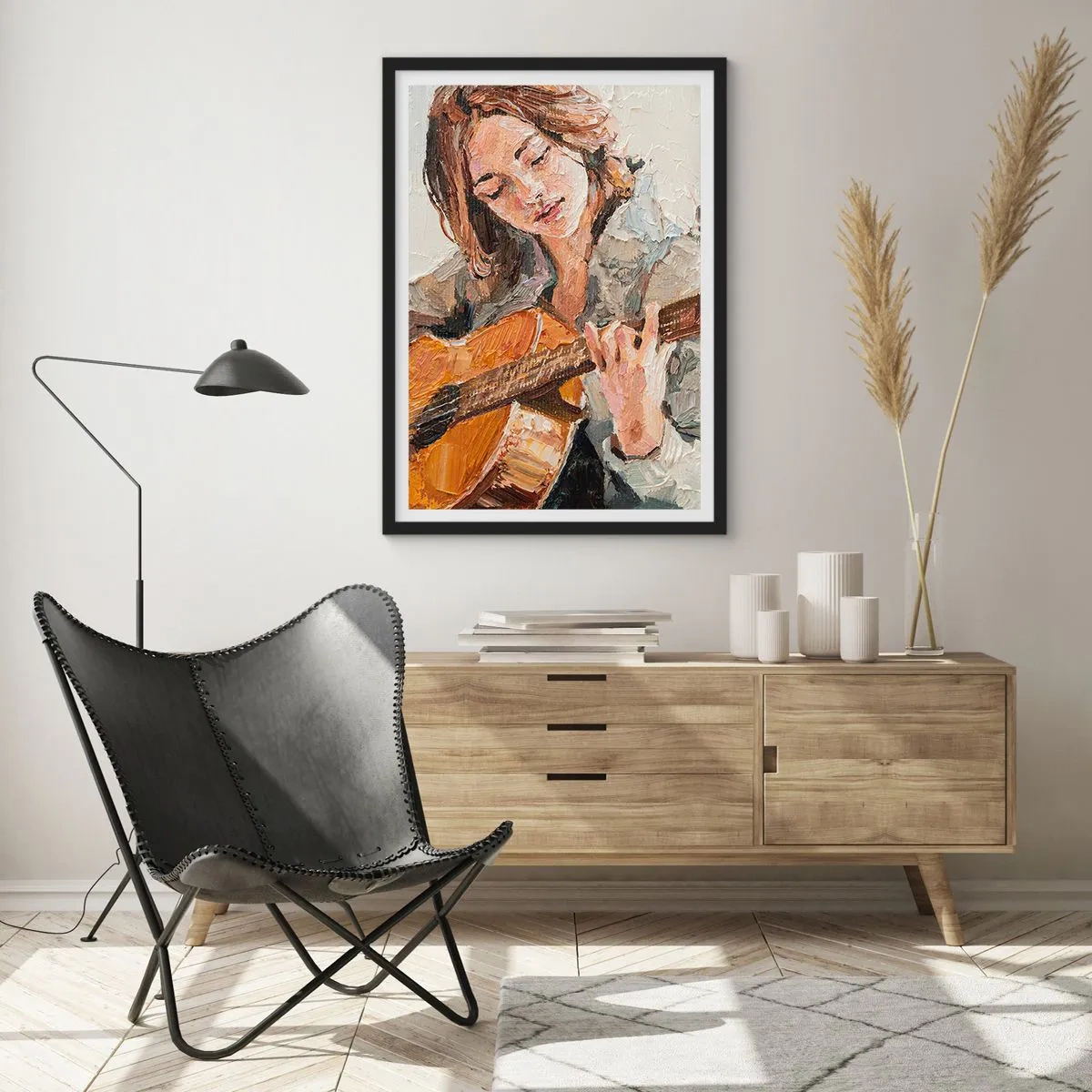 Poster in einem schwarzem Rahmen - Porträt einer Gitarre spielenden Frau im Impasto-Stil - 50x70cm - Konzert für Gitarre und Mädchenherz - Moderne Wanddekoration für Wohnzimmer und Schlafzimmer ARTTOR
