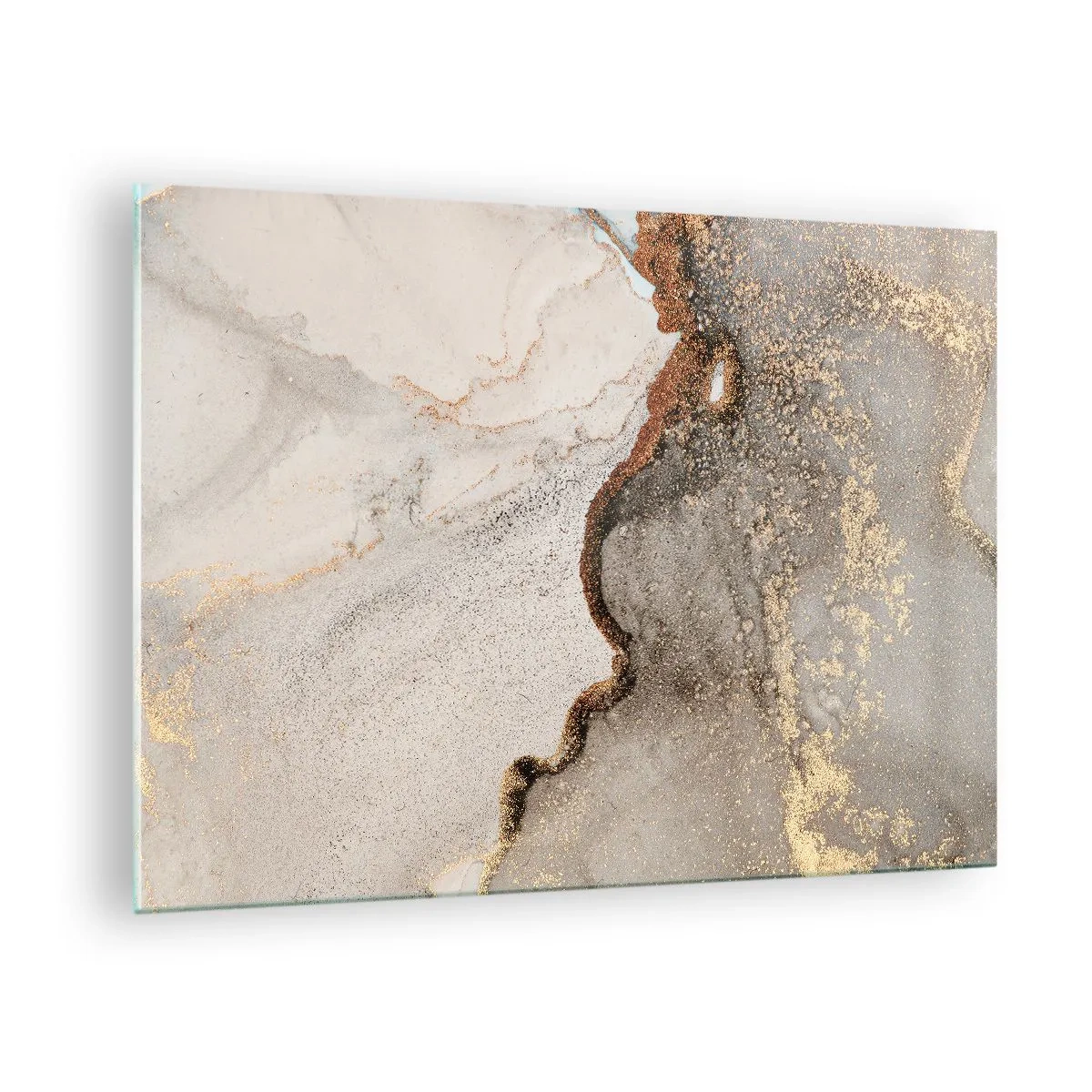 Glasbild - Bild auf glas - Abstrakte Komposition mit Beige, Gold und Graphit - 70x50cm - An der Grenze der Farben - Moderne Wanddekoration für Wohnzimmer und Schlafzimmer ARTTOR