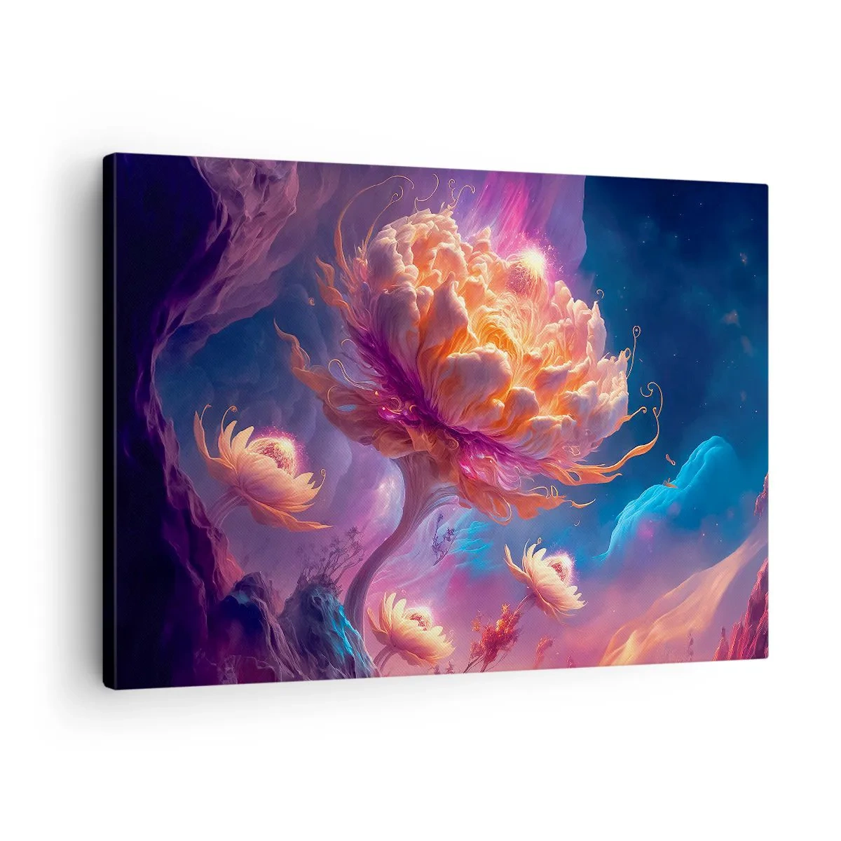 Bild auf Leinwand - Leinwandbild - Fantasieblumen in einer kosmischen Landschaft - 70x50cm - Andere Welt - Moderne Wanddekoration für Wohnzimmer und Schlafzimmer ARTTOR