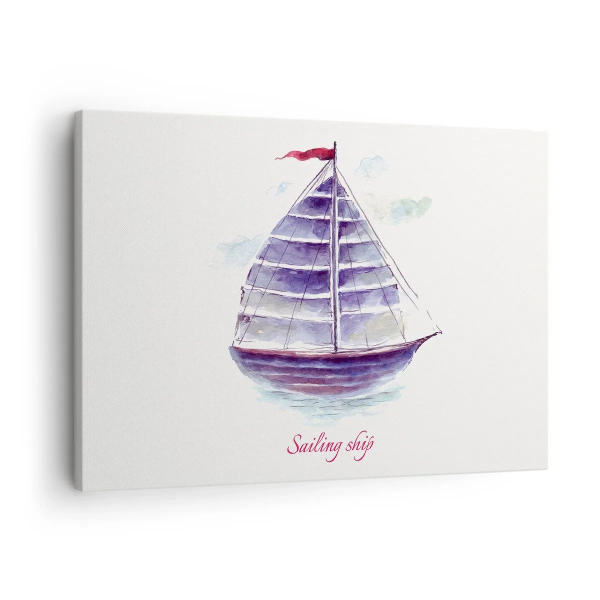 Bild auf Leinwand - Leinwandbild - Ein Aquarell eines Segelboots auf dem Wasser mit einer zarten Inschrift - 70x50cm - Volle Segel und ruhiges Wasser - Moderne Wanddekoration für Wohnzimmer und Schlafzimmer ARTTOR