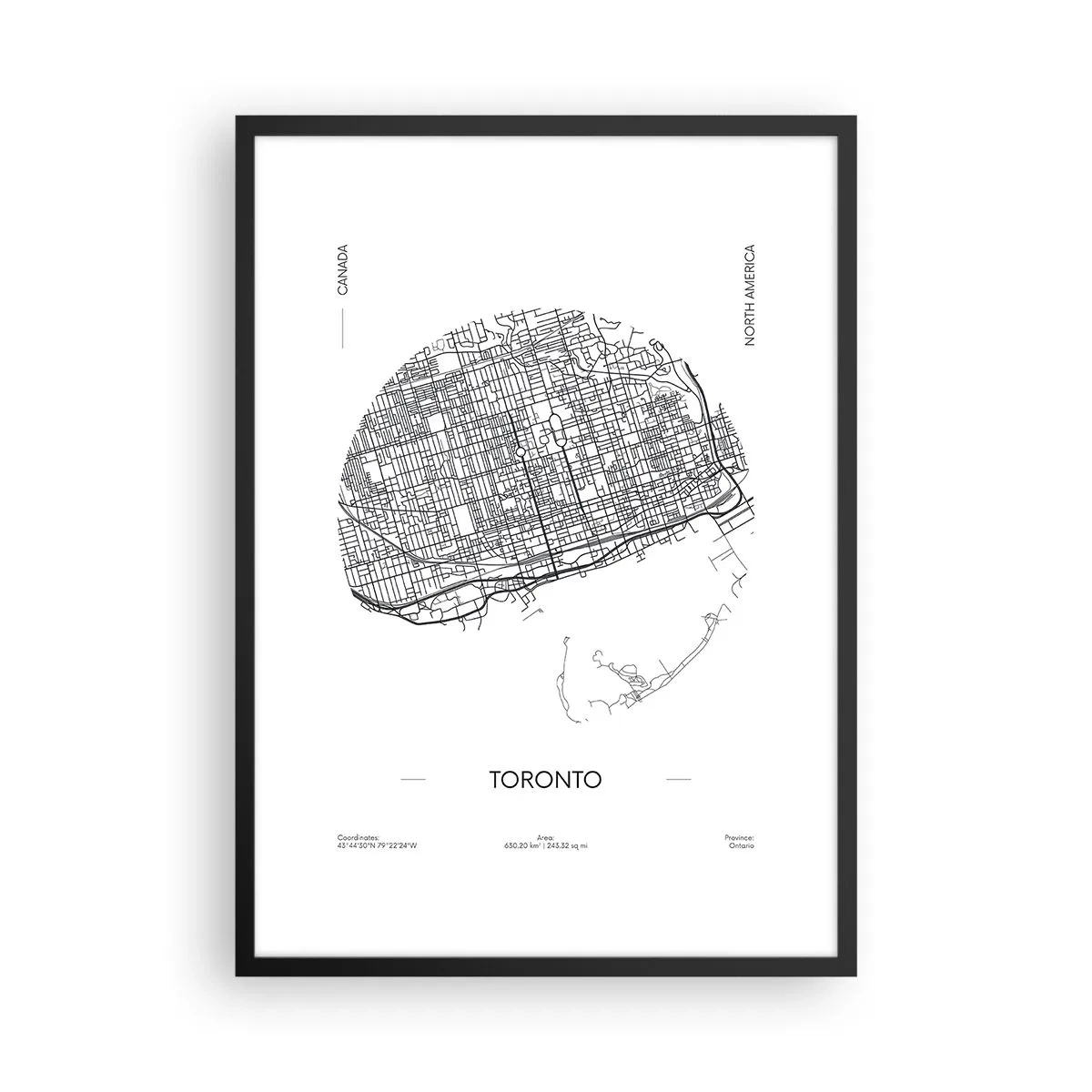Poster in einem schwarzem Rahmen - Eine minimalistische Schwarz-Weiß-Karte von Toronto - 50x70cm - Anatomie von Toronto - Moderne Wanddekoration für Wohnzimmer und Schlafzimmer ARTTOR