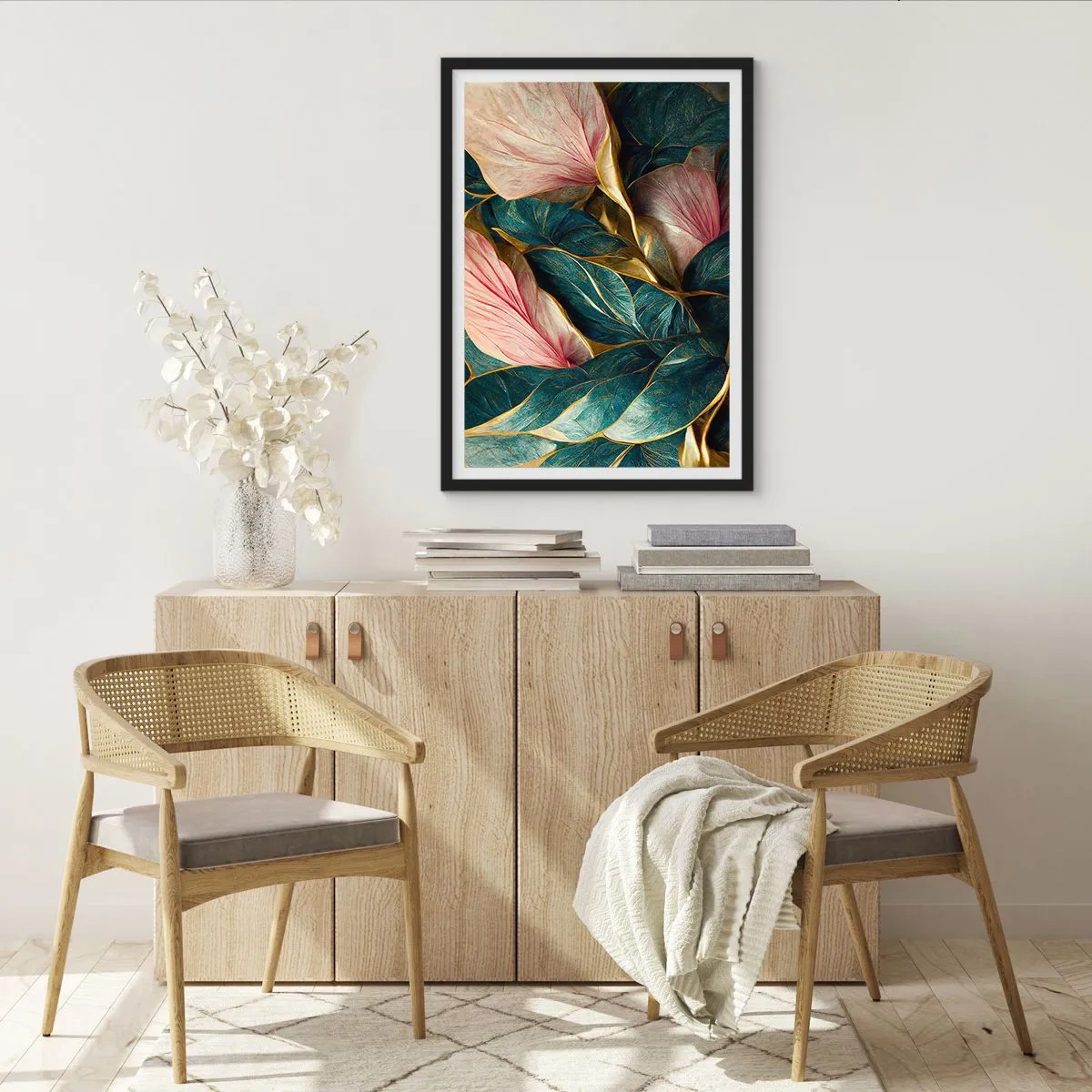 Poster in einem schwarzem Rahmen - Eine elegante Komposition aus Blättern in Grün-, Gold- und Rosatönen - 50x70cm - Natürliche Eleganz und Stil - Moderne Wanddekoration für Wohnzimmer und Schlafzimmer ARTTOR