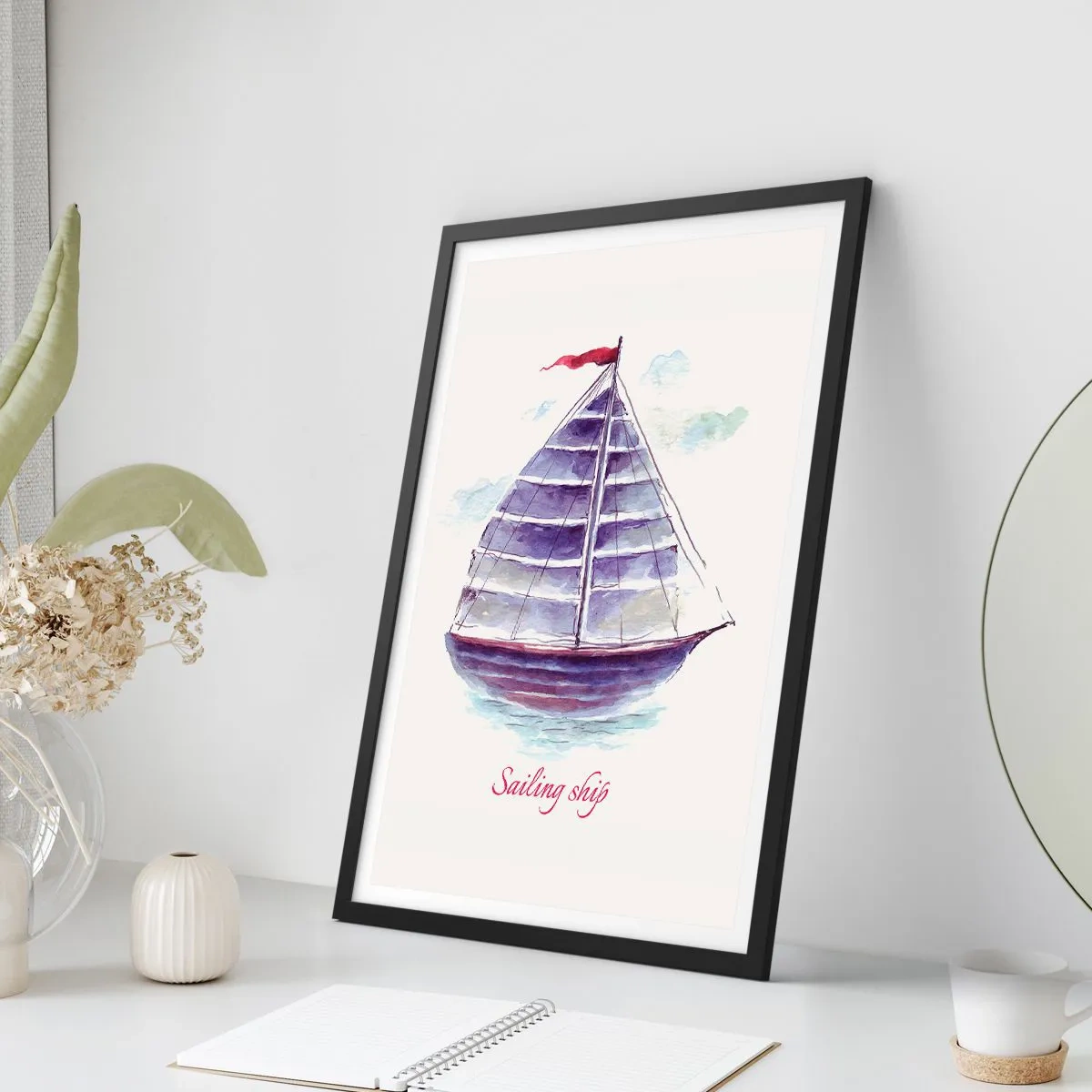Poster in einem schwarzem Rahmen - Aquarell-Illustration eines Segelschiffs auf ruhigem Wasser - 50x70cm - Volle Segel und ruhiges Wasser - Moderne Wanddekoration für Wohnzimmer und Schlafzimmer ARTTOR