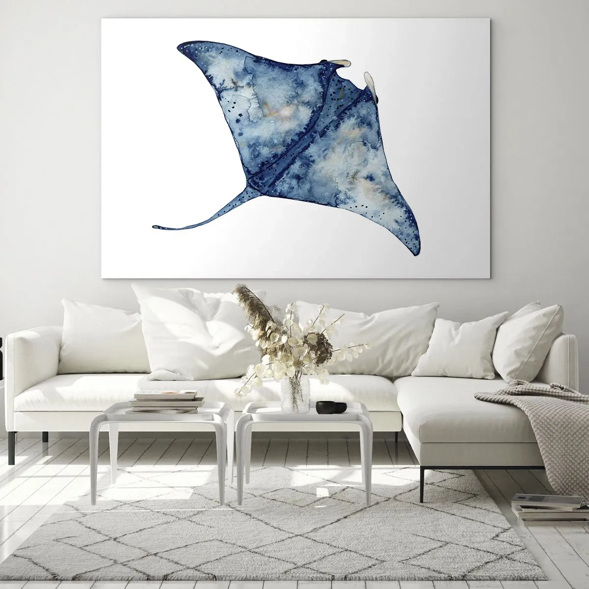 Glasbild - Bild auf glas - Marineblauer Strahl im Aquarellstil auf weißem Hintergrund - 70x50cm - Leben im Blau - Moderne Wanddekoration für Wohnzimmer und Schlafzimmer ARTTOR