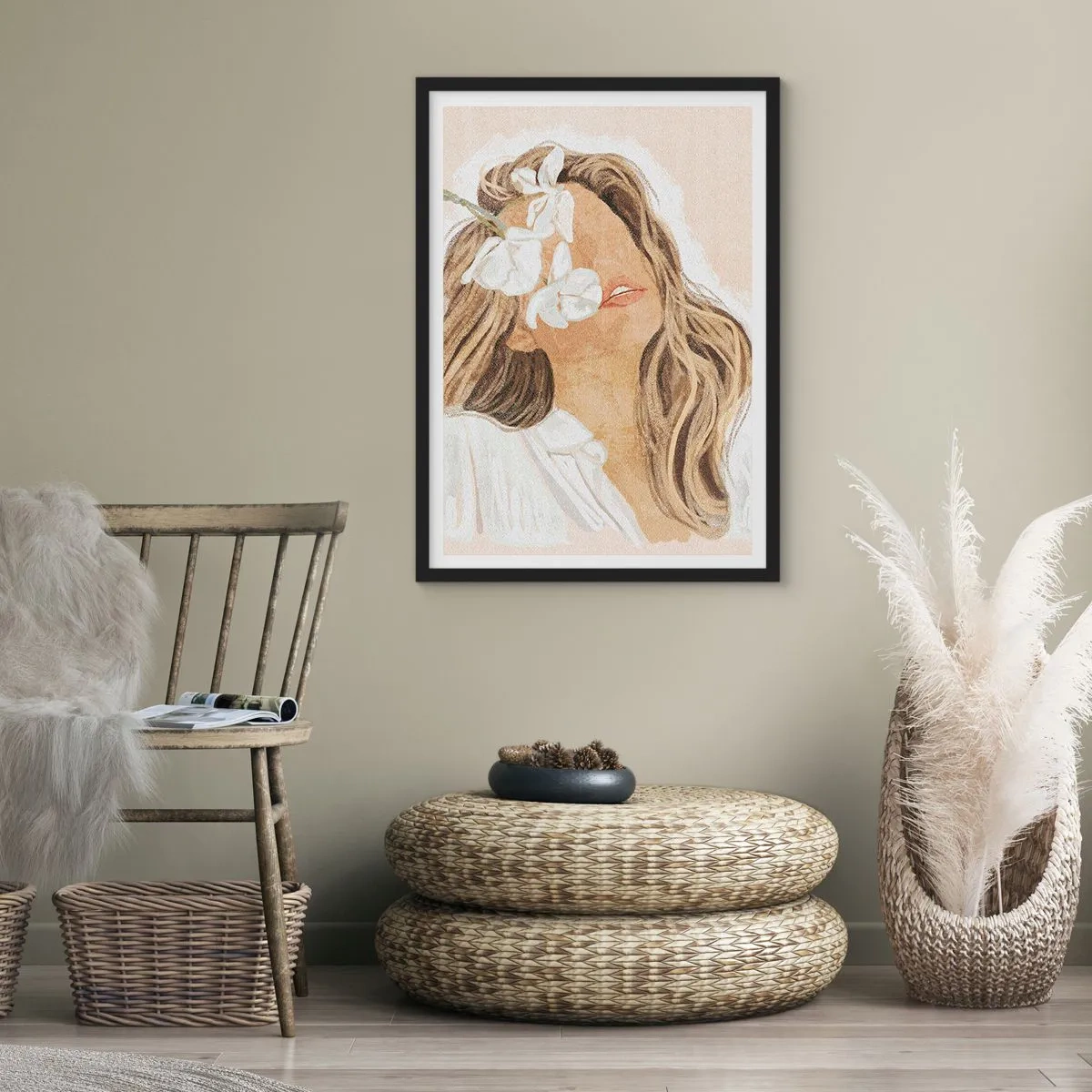 Poster in einem schwarzem Rahmen - Porträt einer Frau mit Blumen im Gesicht - 50x70cm - Unter den Blumen in Verzückung - Moderne Wanddekoration für Wohnzimmer und Schlafzimmer ARTTOR