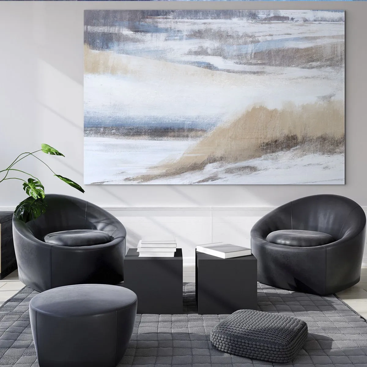 Glasbild - Bild auf glas - Eine zarte Abstraktion in kühlen Beige- und Blautönen. - 70x50cm - Winterkomposition - Moderne Wanddekoration für Wohnzimmer und Schlafzimmer ARTTOR