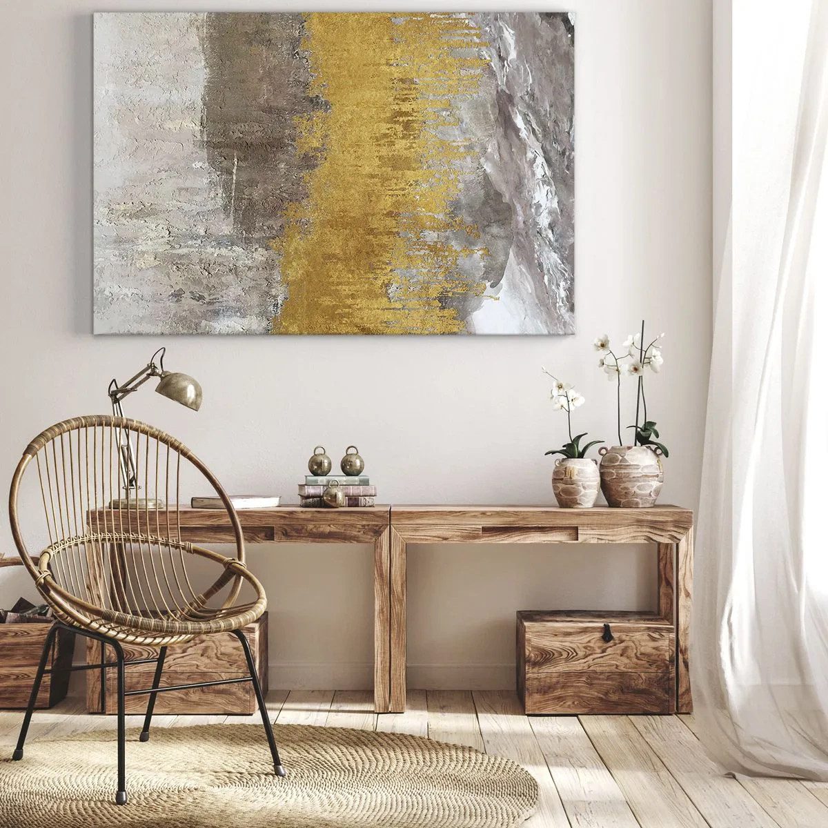 Bild auf Leinwand - Leinwandbild - Abstraktes Muster in Gold und Beige - 70x50cm - Goldene Explosion - Moderne Wanddekoration für Wohnzimmer und Schlafzimmer ARTTOR