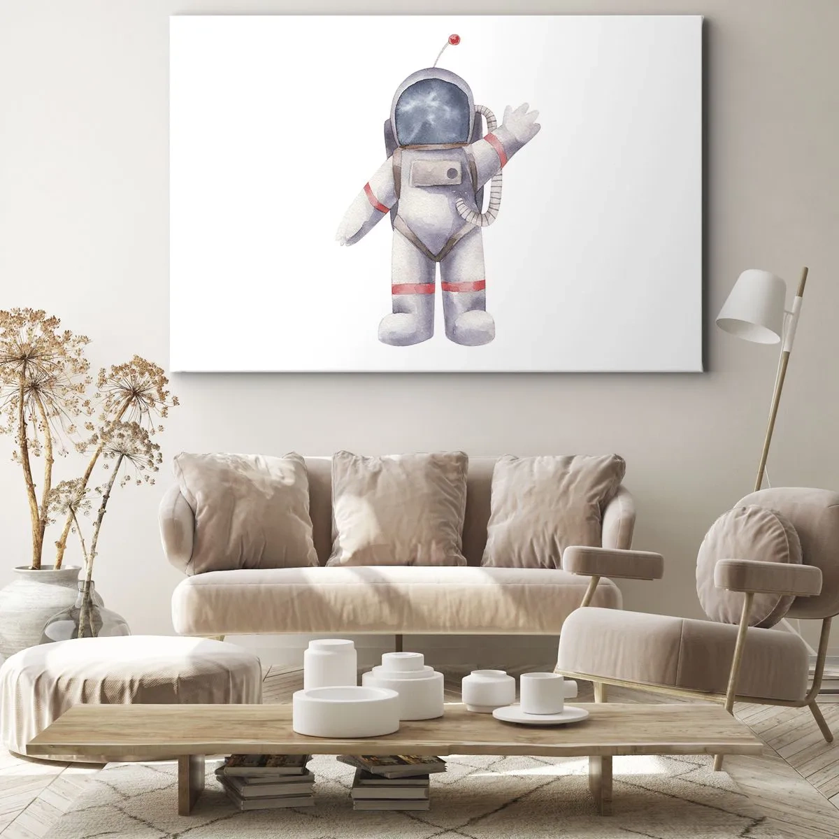 Bild auf Leinwand - Leinwandbild - Astronaut im Aquarellstil auf weißem Hintergrund - 70x50cm - Bis dann! - Moderne Wanddekoration für Wohnzimmer und Schlafzimmer ARTTOR