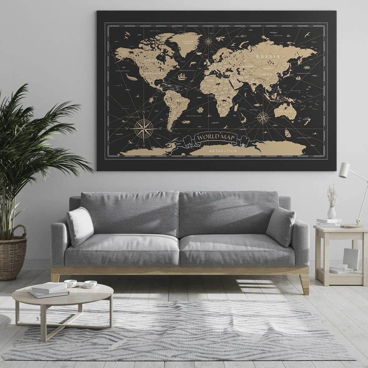 Glasbild - Bild auf glas - Stilisierte Weltkarte in Beige- und Schwarztönen - 70x50cm - Die Grenzen meiner Welt - Moderne Wanddekoration für Wohnzimmer und Schlafzimmer ARTTOR