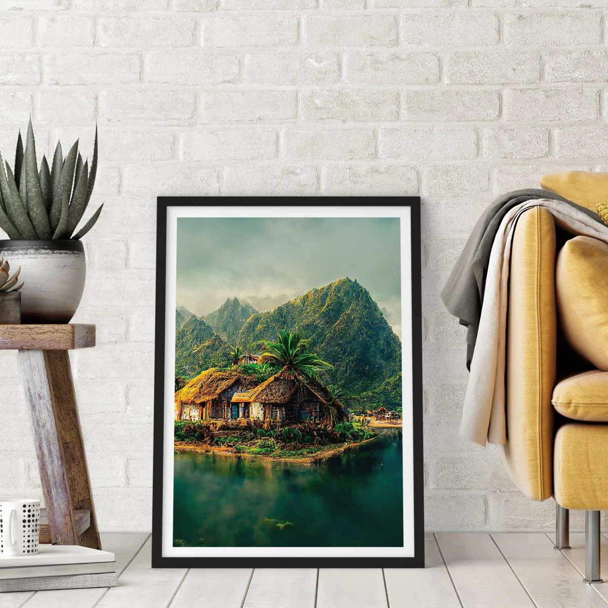 Poster in einem schwarzem Rahmen - Tropisches Ferienhaus mit Bergen und einem See im Hintergrund - 50x70cm - Tropisches Paradies - Moderne Wanddekoration für Wohnzimmer und Schlafzimmer ARTTOR