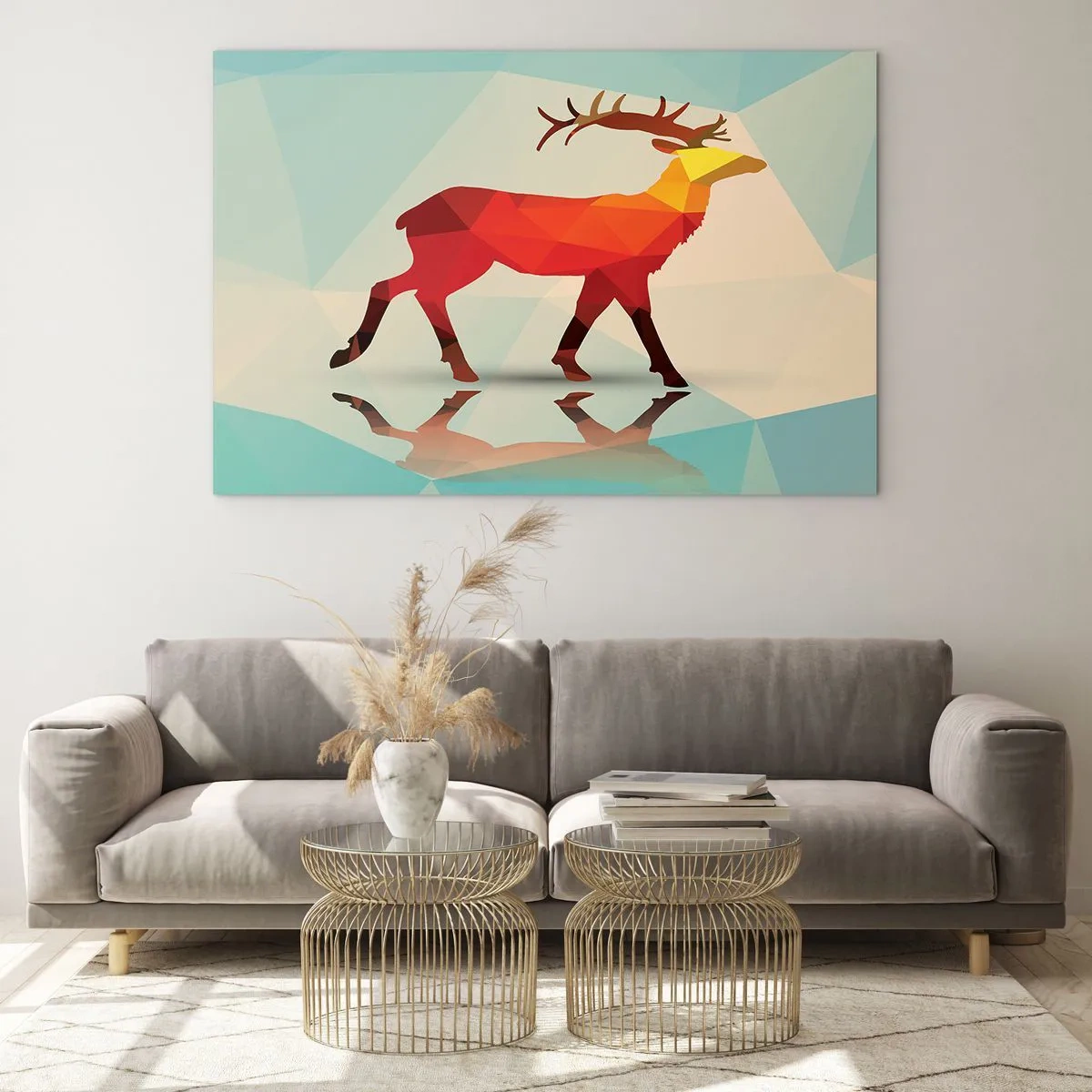 Glasbild - Bild auf glas - Geometrischer Hirsch in farbenfroher Abstraktion - 70x50cm - Geometrischer Hirsch - Moderne Wanddekoration für Wohnzimmer und Schlafzimmer ARTTOR