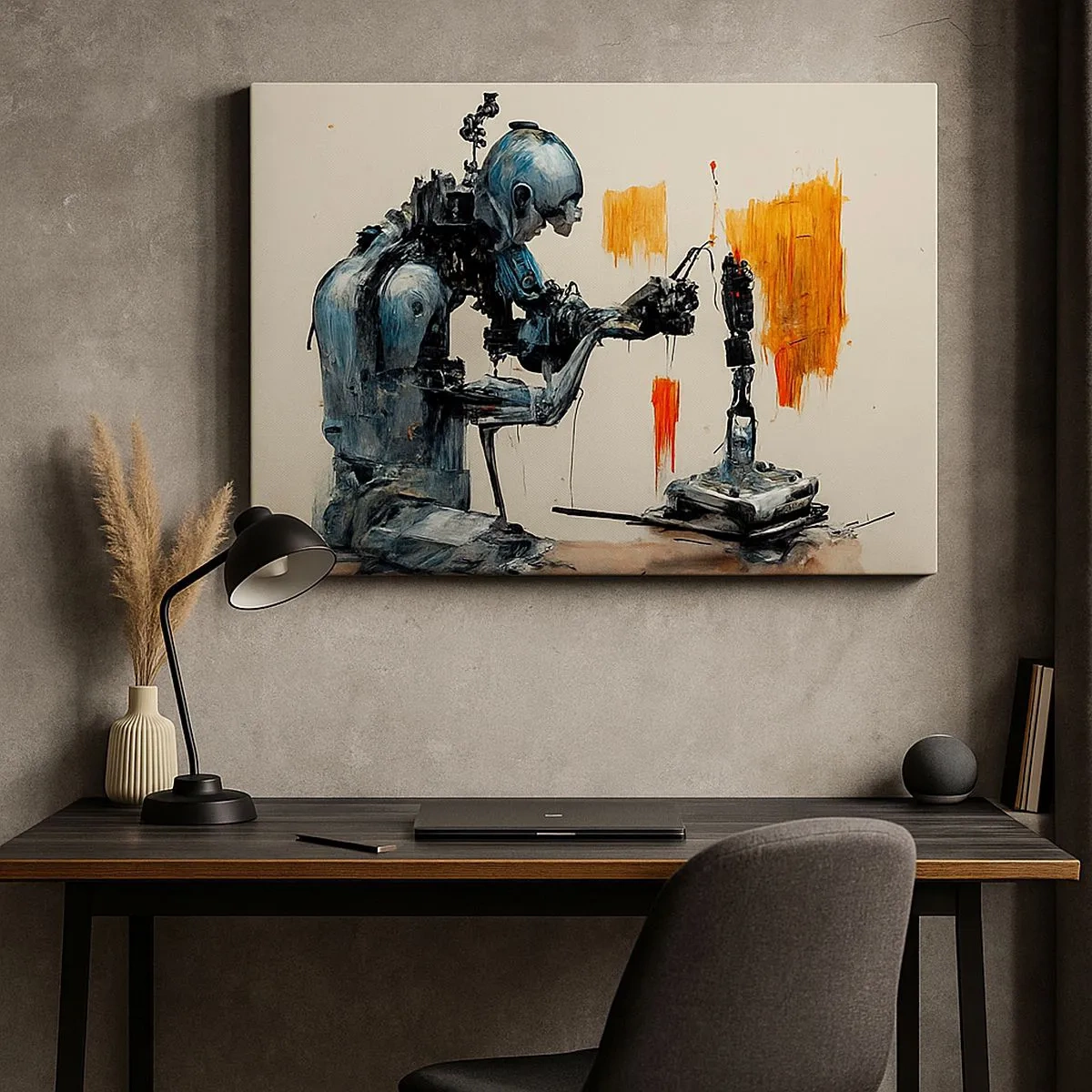 Bild auf Leinwand - Leinwandbild - Roboter bei der Arbeit mit abstraktem Hintergrund - 70x50cm - Schon morgen… - Moderne Wanddekoration für Wohnzimmer und Schlafzimmer ARTTOR