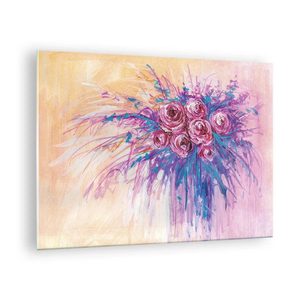 Glasbild - Bild auf glas - Ein Strauß Rosen in Rosa- und Lilatönen auf pastellfarbenem Hintergrund - 70x50cm - Rosenbrunnen - Moderne Wanddekoration für Wohnzimmer und Schlafzimmer ARTTOR