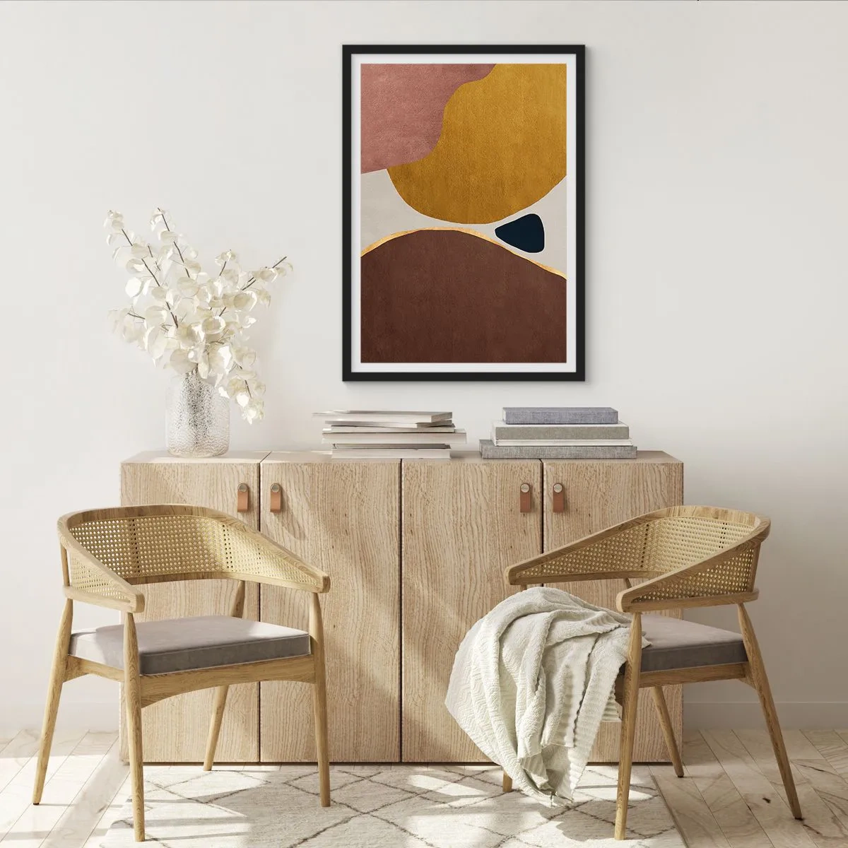 Poster in einem schwarzem Rahmen - Abstrakte geometrische Komposition in warmen Farben - 50x70cm - Abstraktion – ein Ort im Raum - Moderne Wanddekoration für Wohnzimmer und Schlafzimmer ARTTOR