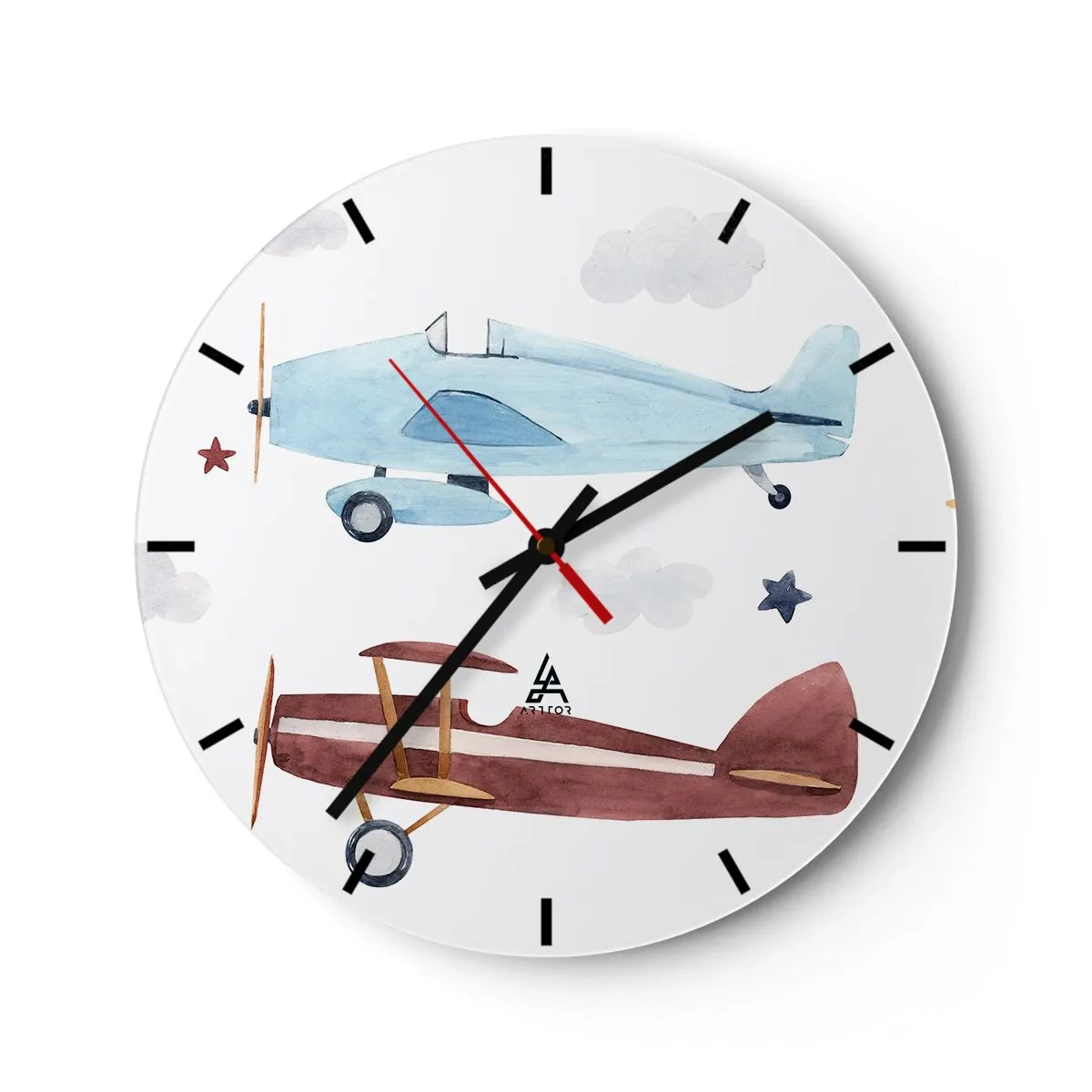 Wanduhr - Glasuhr - Illustration von zwei Flugzeugen im Retro-Stil vor einem bewölkten Hintergrund - 30x30cm - Wir warten, Herr Pilot! - Moderne Wanddekoration für Wohnzimmer, Küche und Schlafzimmer ARTTOR