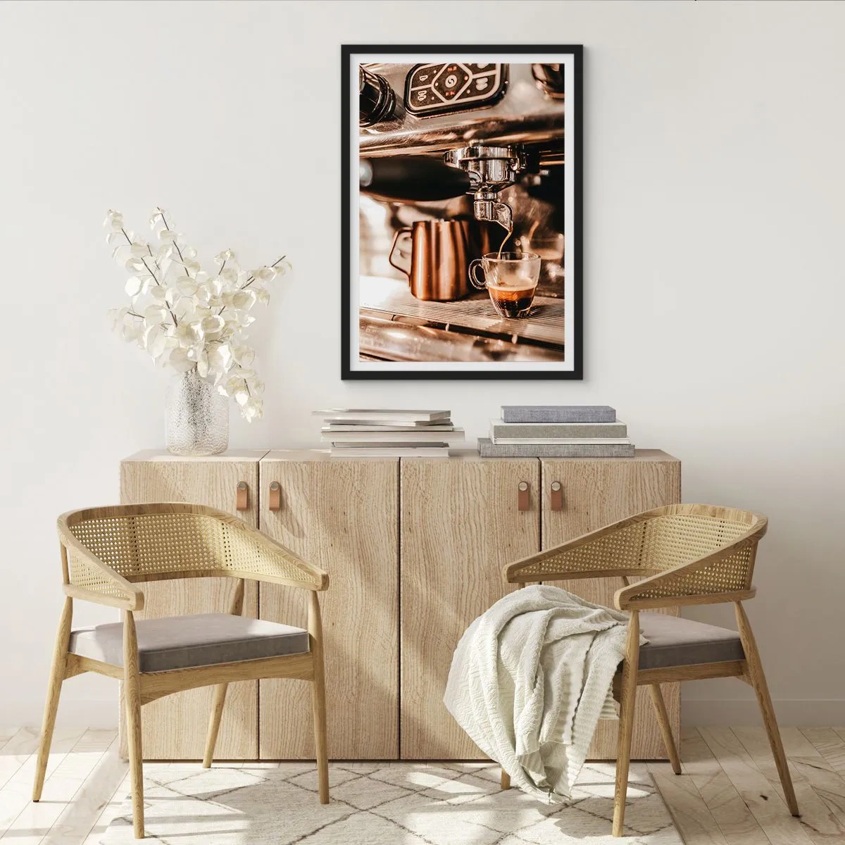 Poster in einem schwarzem Rahmen - Aromatischer Espresso aus der Espressomaschine - 50x70cm - Kaffeeglanz - Moderne Wanddekoration für Wohnzimmer und Schlafzimmer ARTTOR