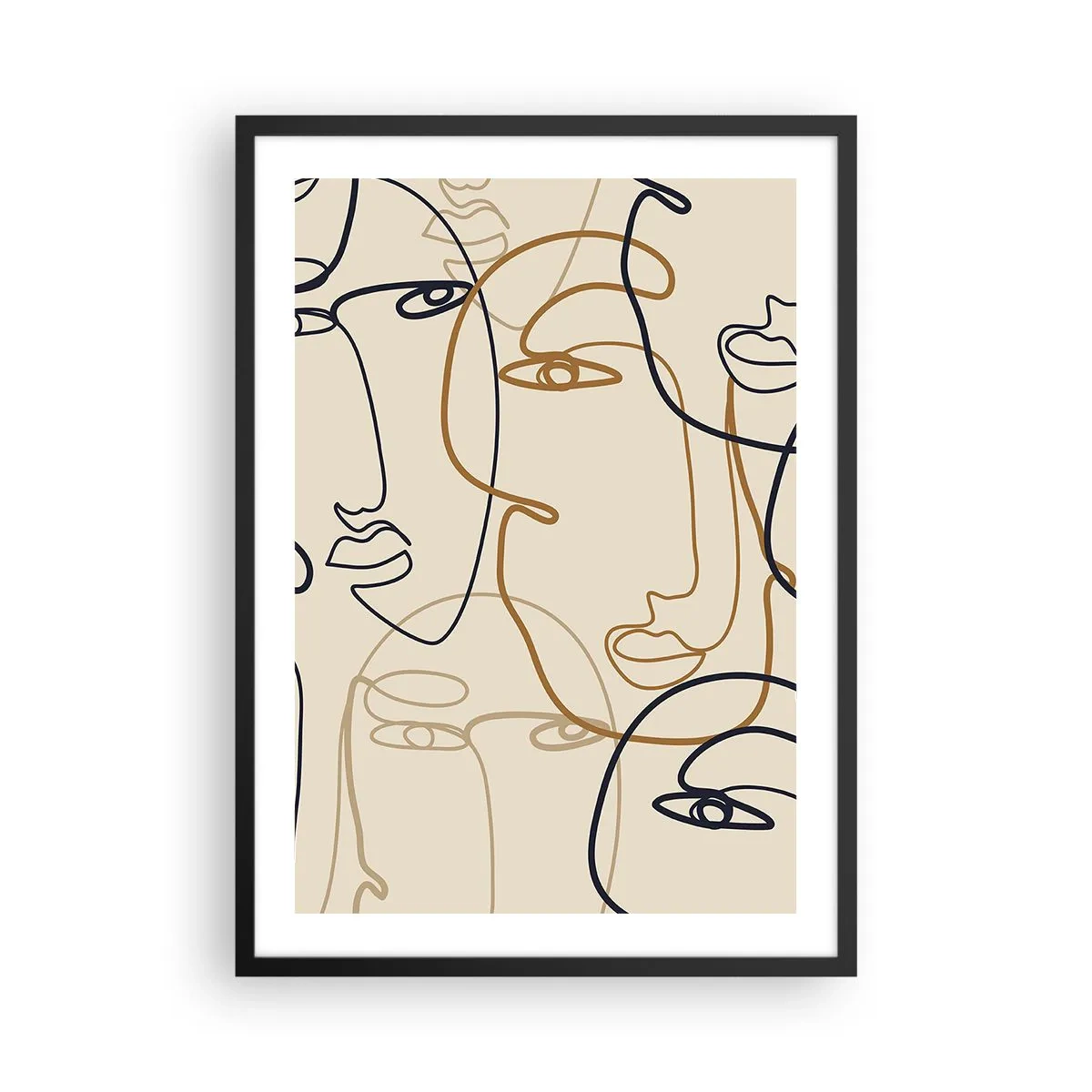 Poster in einem schwarzem Rahmen - Minimalistische Zeichnungen von Gesichtern auf beigem Hintergrund - 50x70cm - Das Porträt wird multipliziert - Moderne Wanddekoration für Wohnzimmer und Schlafzimmer ARTTOR