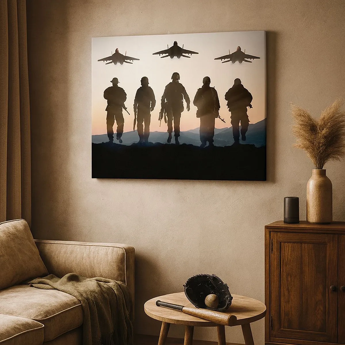 Bild auf Leinwand - Leinwandbild - Silhouetten von Soldaten und Kampfjets vor dem Hintergrund des Sonnenuntergangs - 70x50cm - Willkommen in unserer Welt - Moderne Wanddekoration für Wohnzimmer und Schlafzimmer ARTTOR