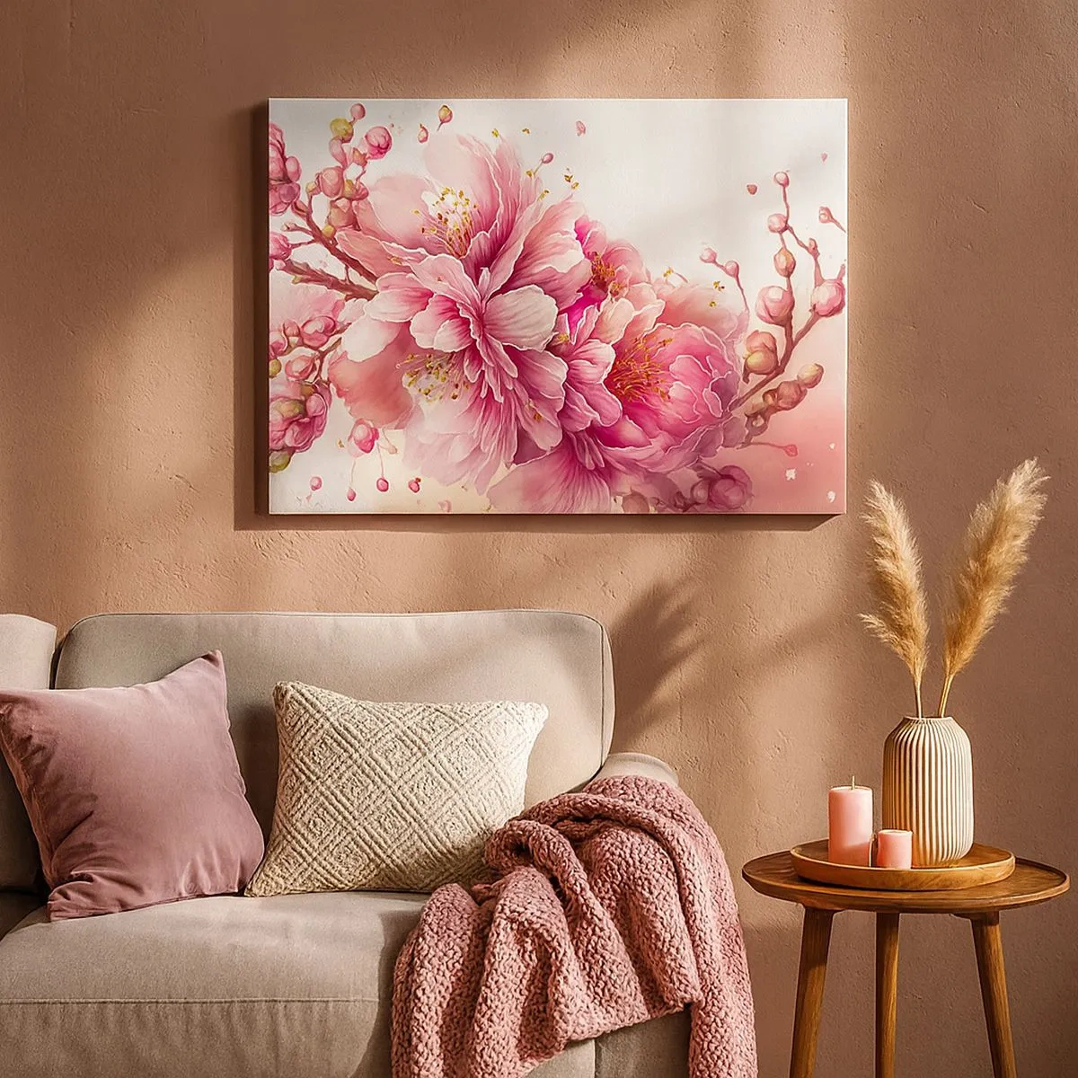 Bild auf Leinwand - Leinwandbild - Zarte Kirschblüten in voller Blüte vor hellem Hintergrund - 70x50cm - Kirschblütenblüte - Moderne Wanddekoration für Wohnzimmer und Schlafzimmer ARTTOR