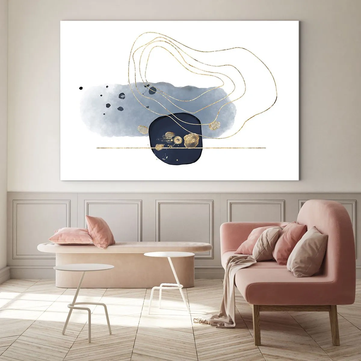 Glasbild - Bild auf glas - Abstrakte Komposition in Blau- und Goldtönen - 70x50cm - Blau-goldene Fantasie - Moderne Wanddekoration für Wohnzimmer und Schlafzimmer ARTTOR