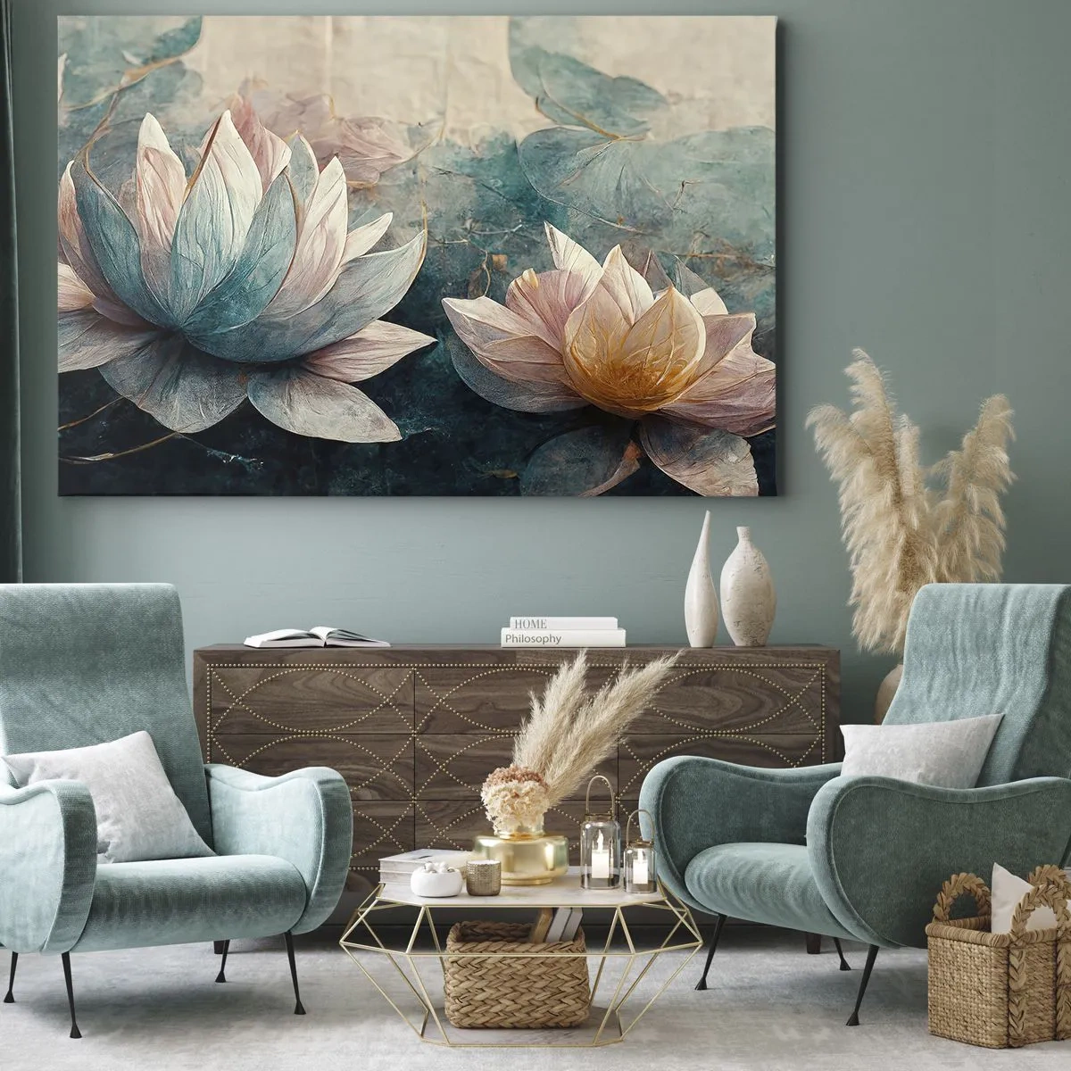 Bild auf Leinwand - Leinwandbild - Dezente Seerosen in Pastelltönen von Blau und Gold - 70x50cm - Seesterne - Moderne Wanddekoration für Wohnzimmer und Schlafzimmer ARTTOR