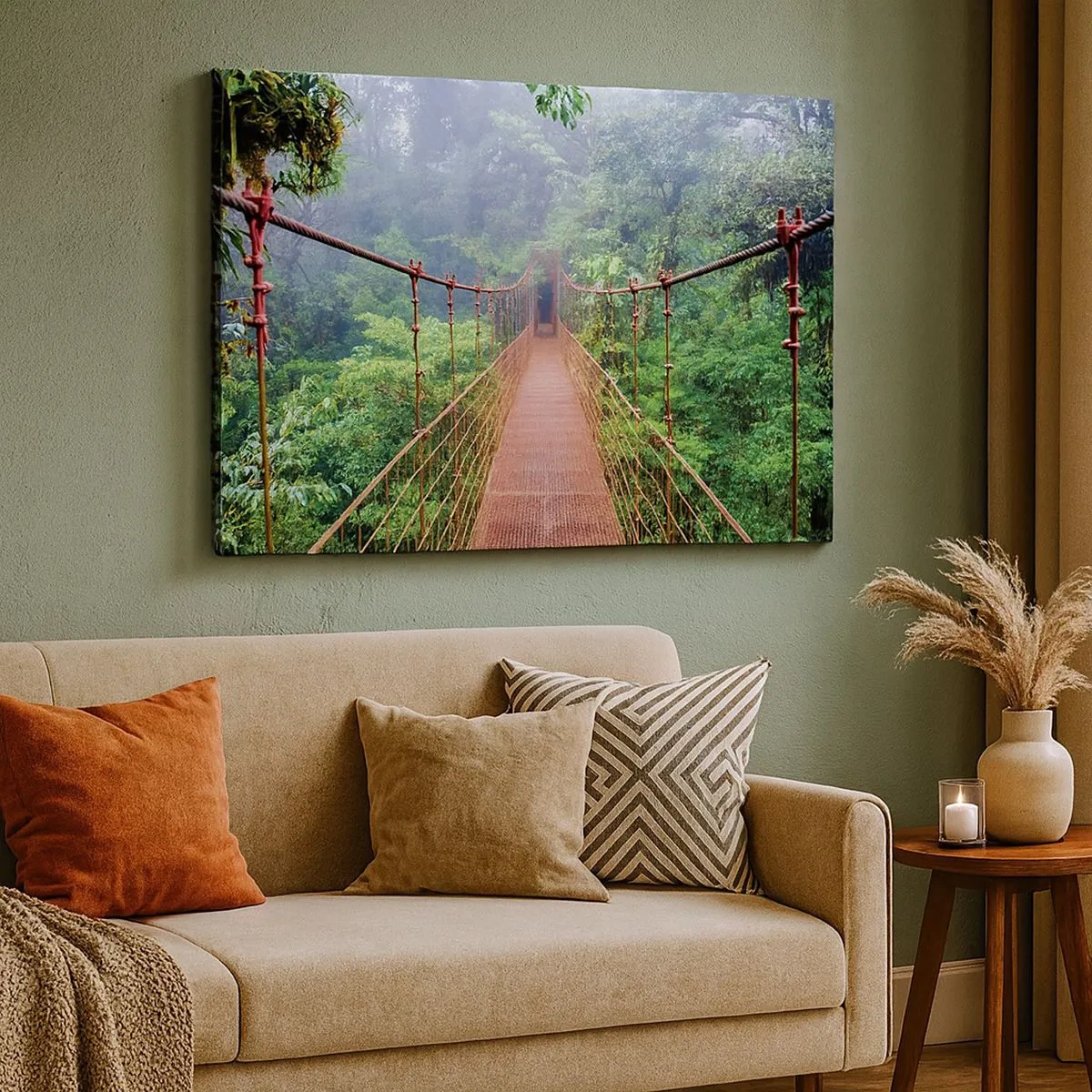 Bild auf Leinwand - Leinwandbild - Eine Hängebrücke in einem tropischen Dschungel, umgeben von Nebel - 70x50cm - Über den Kronen aufgehängt - Moderne Wanddekoration für Wohnzimmer und Schlafzimmer ARTTOR