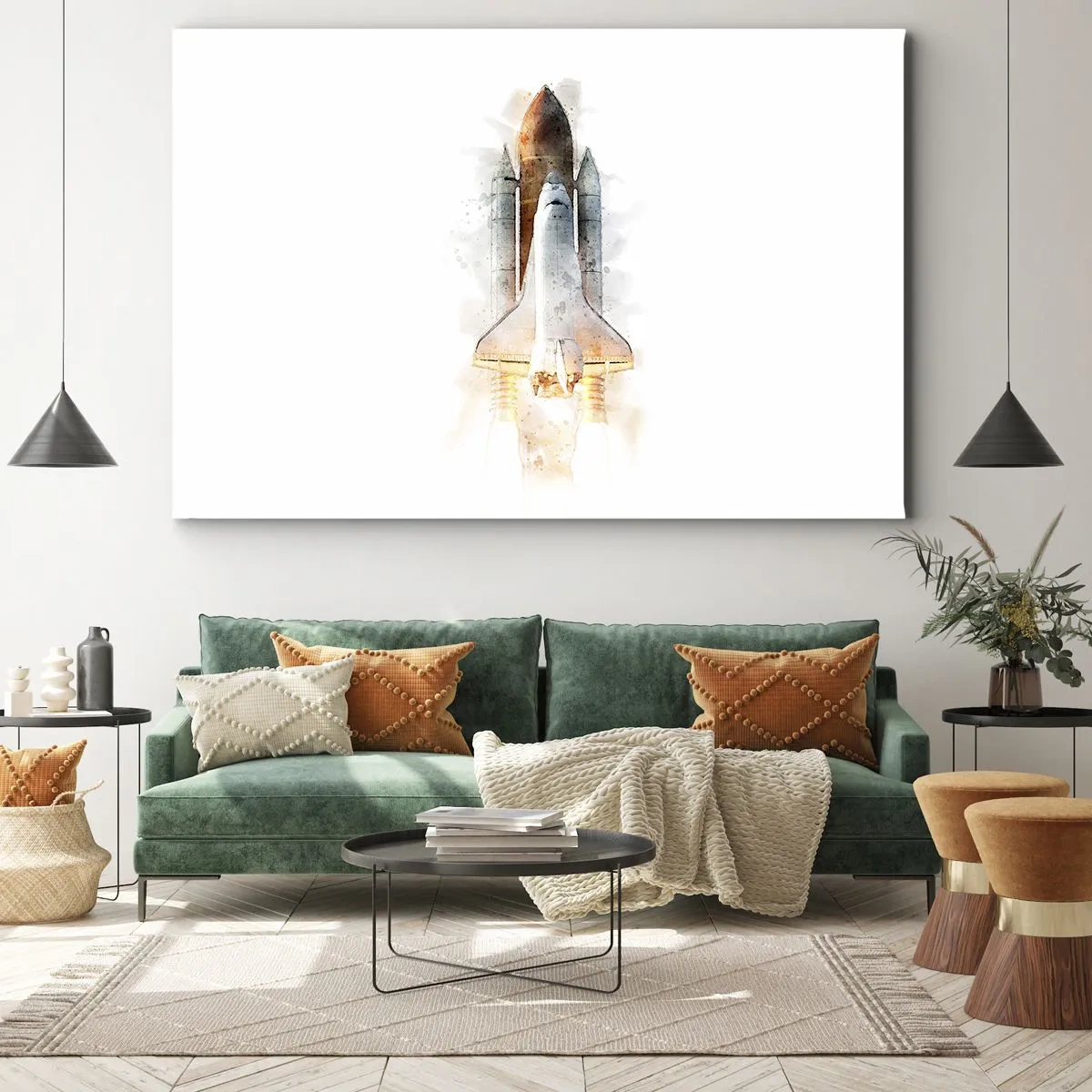 Bild auf Leinwand - Leinwandbild - Eine künstlerische Aquarell-Interpretation eines startenden Space Shuttles - 70x50cm - Entdecker für den Anfang - Moderne Wanddekoration für Wohnzimmer und Schlafzimmer ARTTOR