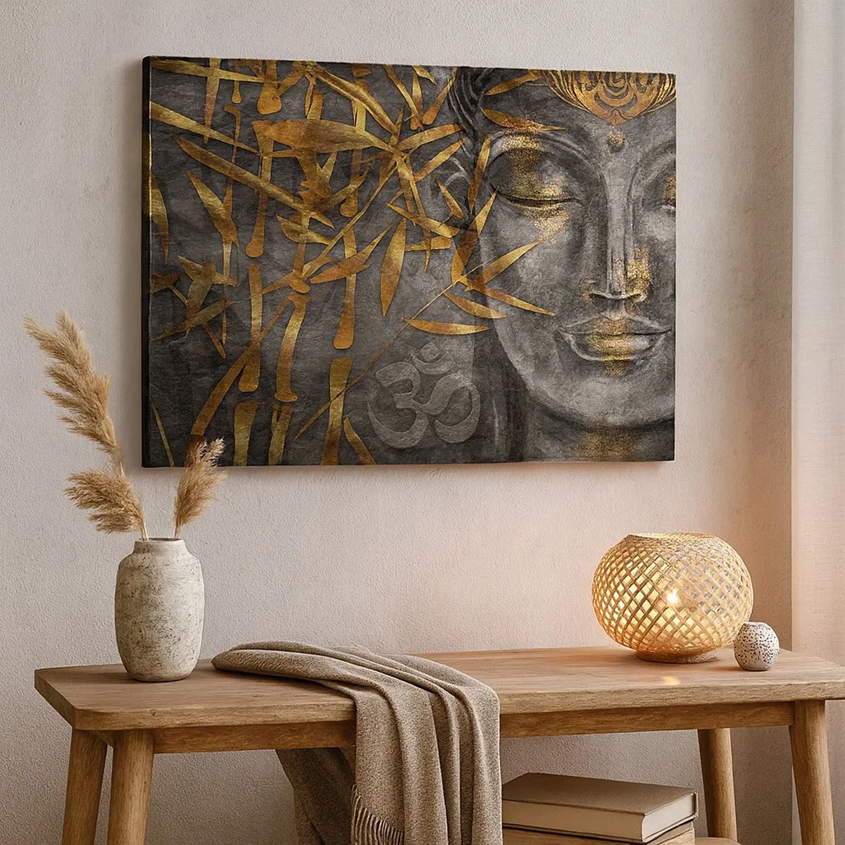 Bild auf Leinwand - Leinwandbild - Zen-Buddha-Bild mit goldenem Bambus - 70x50cm - Fühle den Frieden - Moderne Wanddekoration für Wohnzimmer und Schlafzimmer ARTTOR