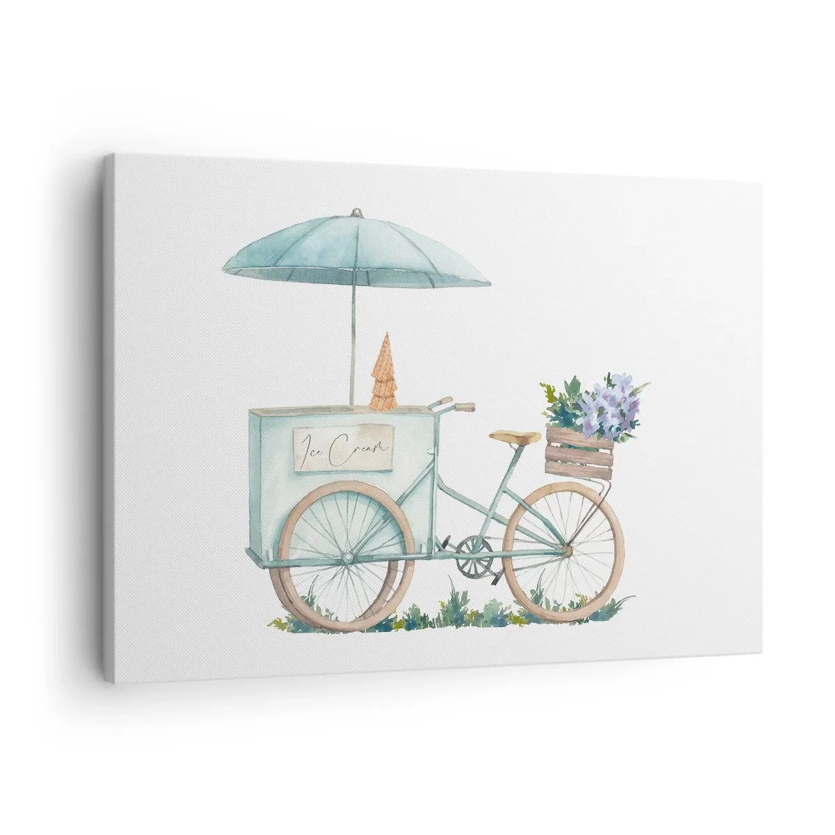 Bild auf Leinwand - Leinwandbild - Ein Fahrrad mit Eis und Blumen unter einem Regenschirm in zarten Pastellfarben - 70x50cm - Süße Erinnerung an den Sommer - Moderne Wanddekoration für Wohnzimmer und Schlafzimmer ARTTOR