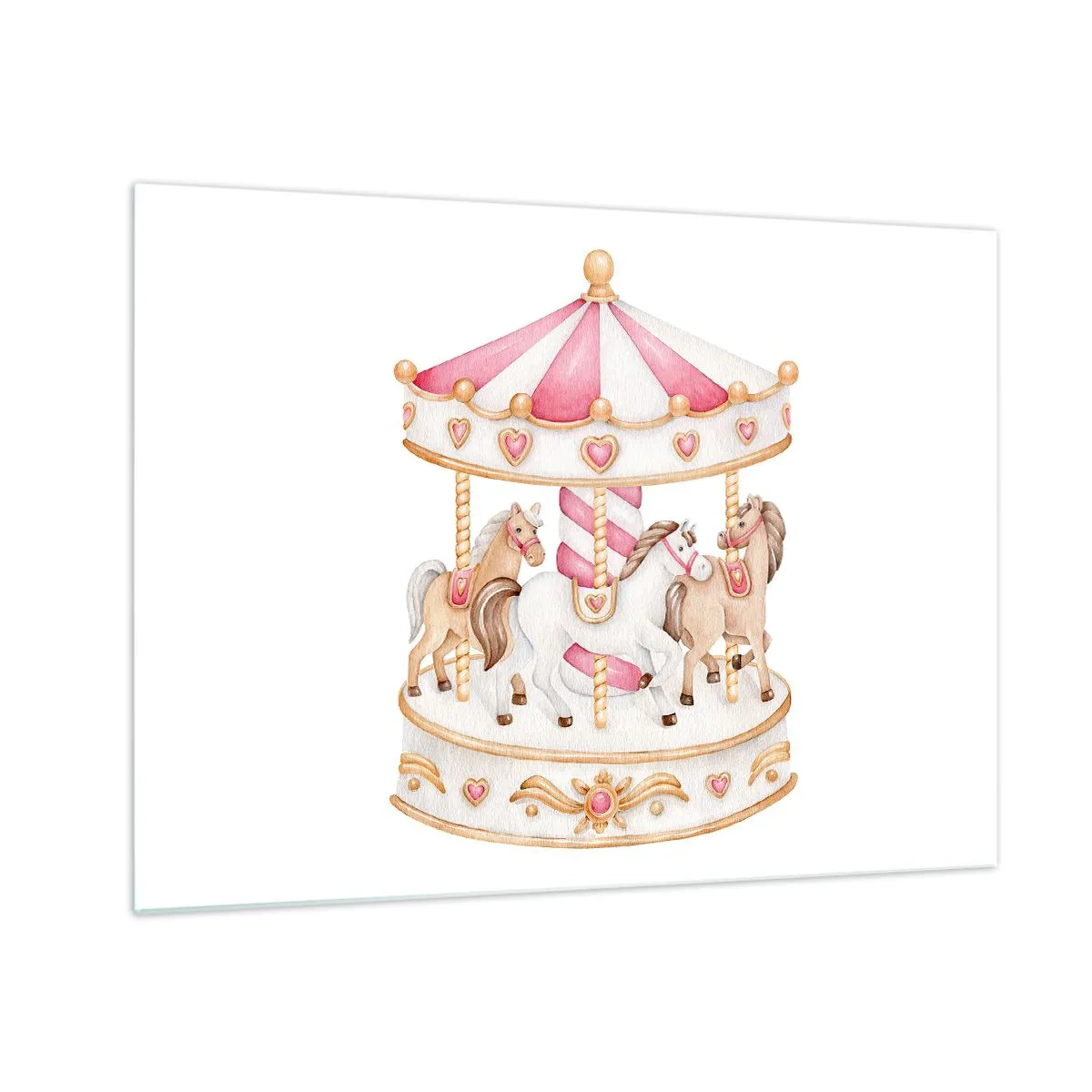 Glasbild - Bild auf glas - Ein rosa Karussell mit Pferden im Kinderstil auf weißem Hintergrund - 70x50cm - Süße Welt der Kindheit - Moderne Wanddekoration für Wohnzimmer und Schlafzimmer ARTTOR