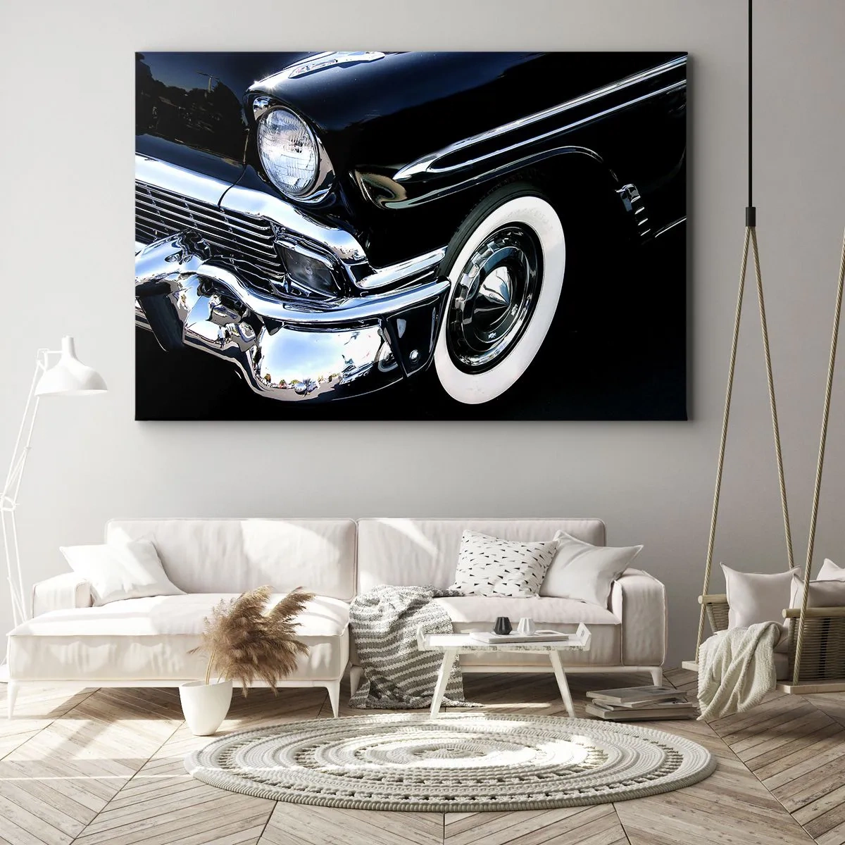 Bild auf Leinwand - Leinwandbild - Schwarzer Oldtimer, Nahaufnahme von Scheinwerfer und Kotflügel - 70x50cm - Klassiker in Silber, Schwarz und Weiß - Moderne Wanddekoration für Wohnzimmer und Schlafzimmer ARTTOR